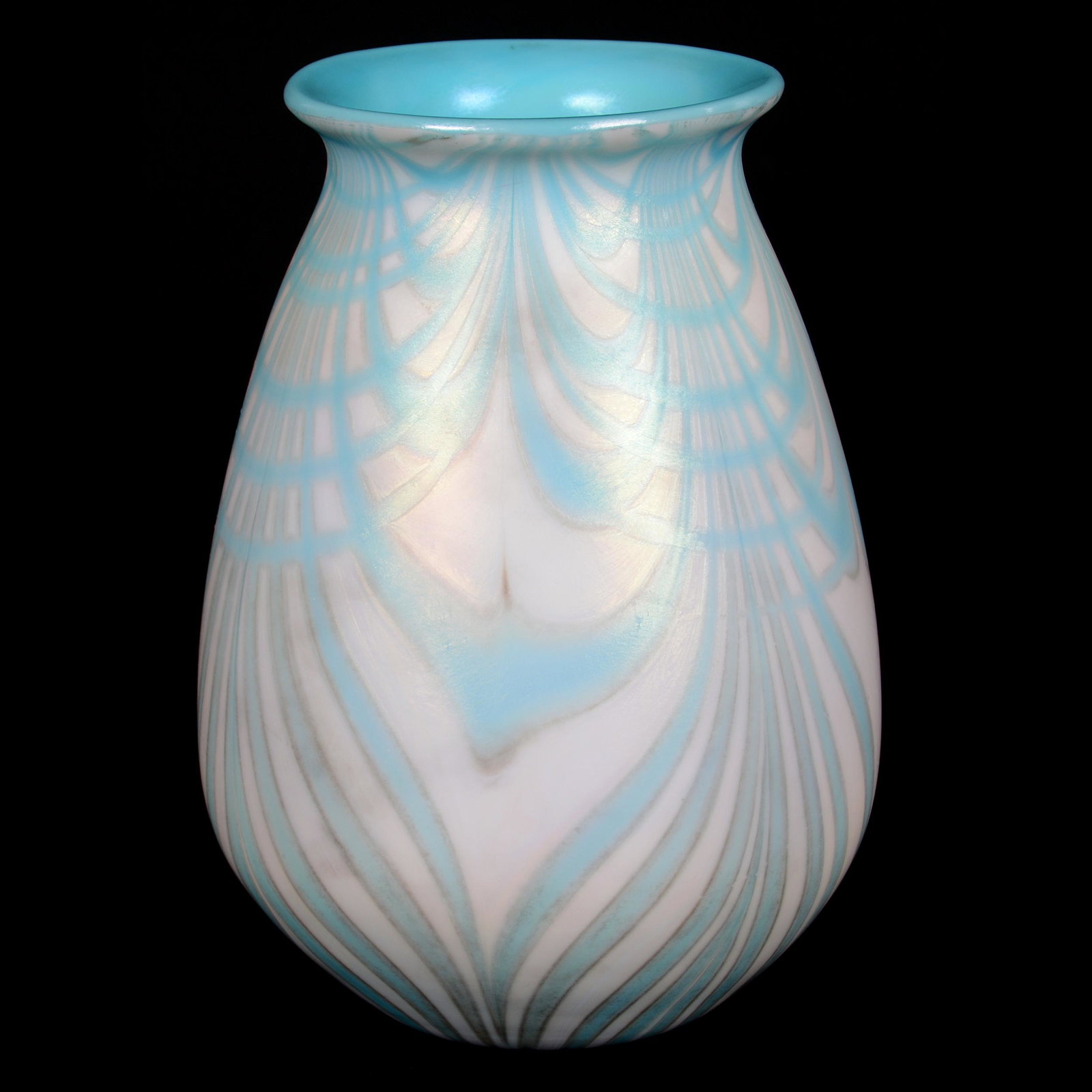 Vase, Contemporary Art Glass by Lotton, Dated 1973: Vase, Contemporary Art Glass by Lotton, Dated 1973, 8.25" x 5.75", Iridescent Blue and White Pulled Feather Design, John Lolley Estate, Monroe, LA. The majority of Mr. Lolley's collection was marked w