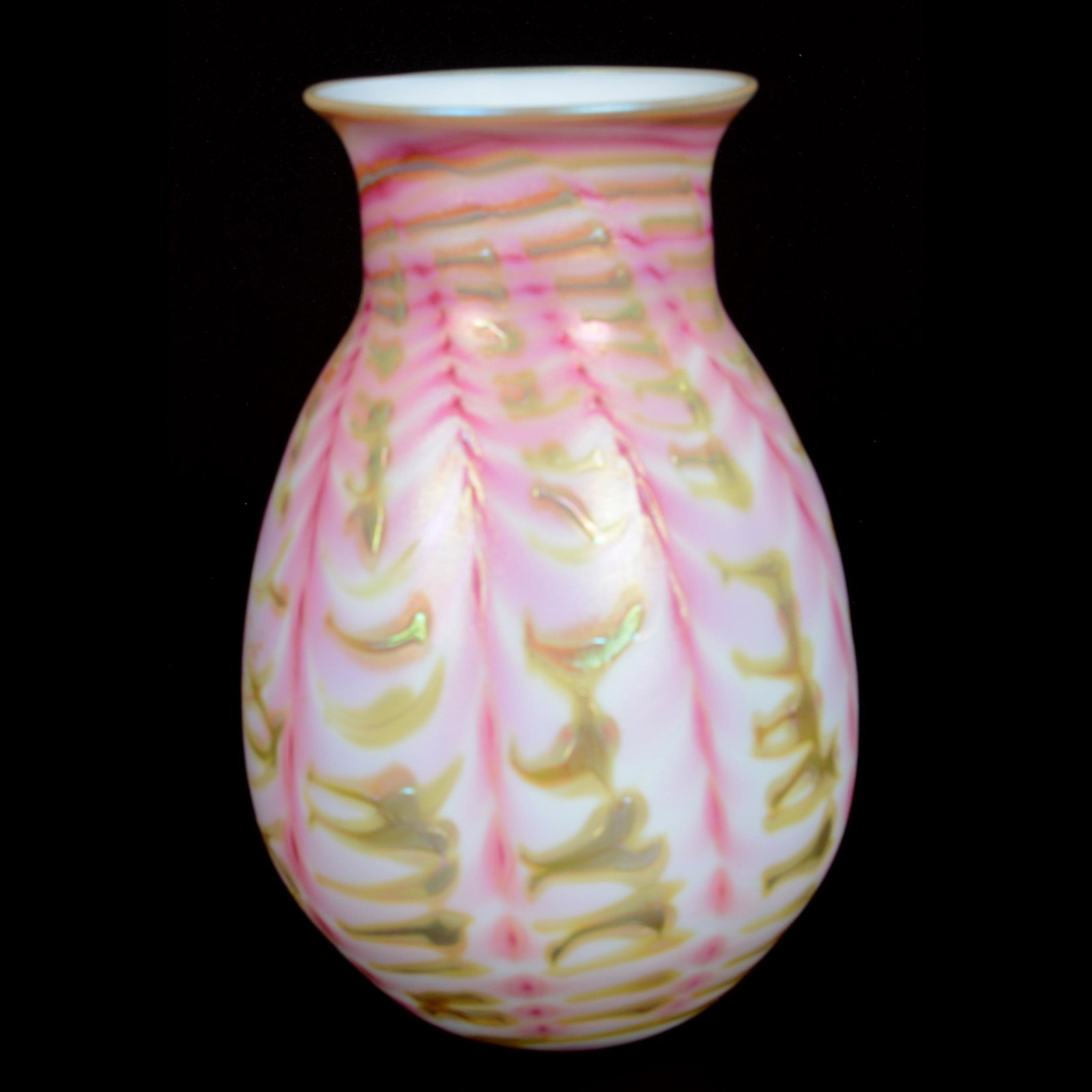 Vase, Contemporary Art Glass Signed Charles Lotton: Vase, Contemporary Art Glass Signed Charles Lotton, 8.5" x 5.5", Dated 1977, Pink, White and Gold in Spiral Design, Well Done, John Lolley Estate, Monroe, LA. The majority of Mr. Lolley's collection w