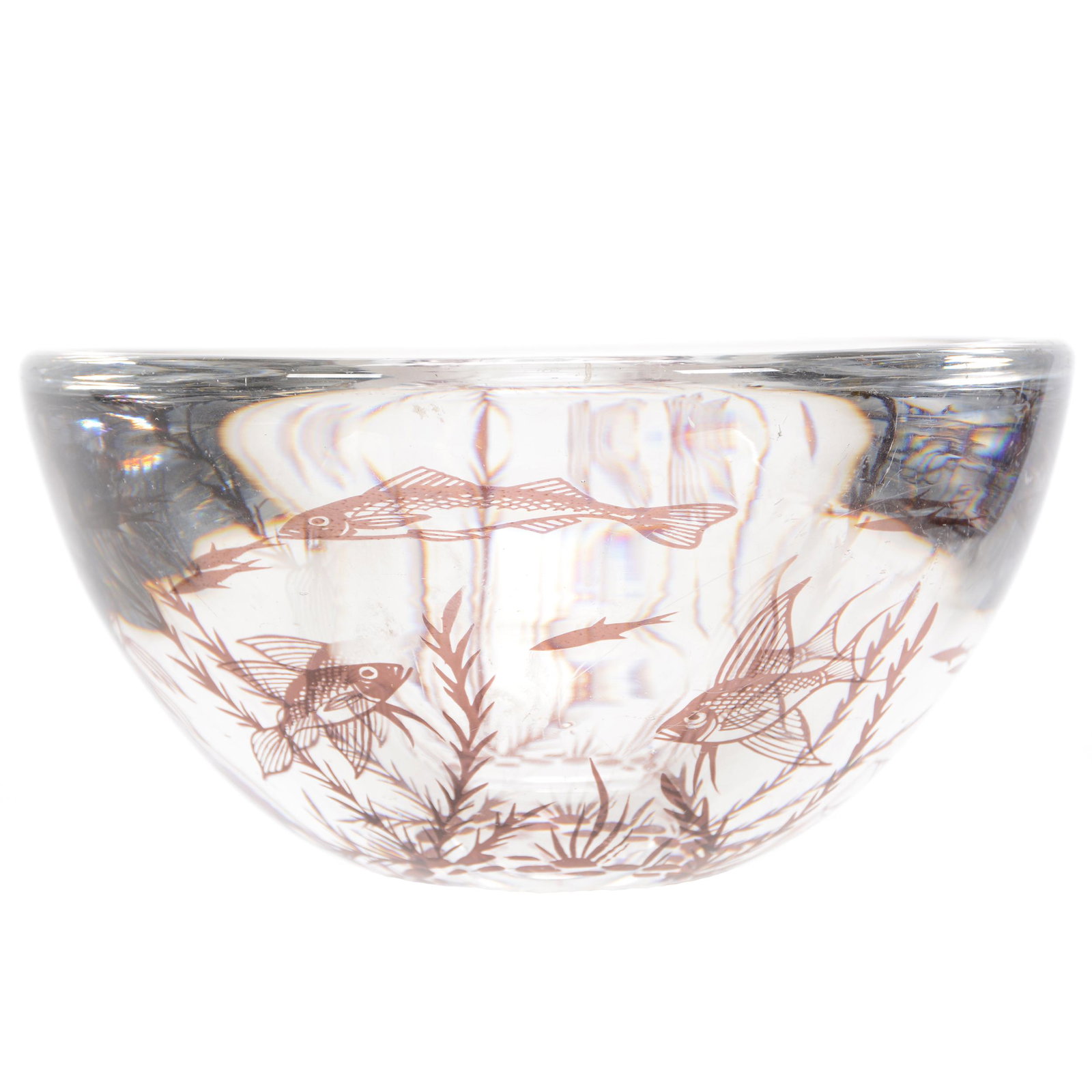 Bowl Signed "Orrefors Graal Edward Hald": Bowl Signed "Orrefors Graal Edward Hald", 3.5" x 6.75", Clear with Underwater Fish Scenic Decor, Circa 1950's, John Lolley Estate, Monroe, LA. The majority of Mr. Lolley's collection was marked with a
