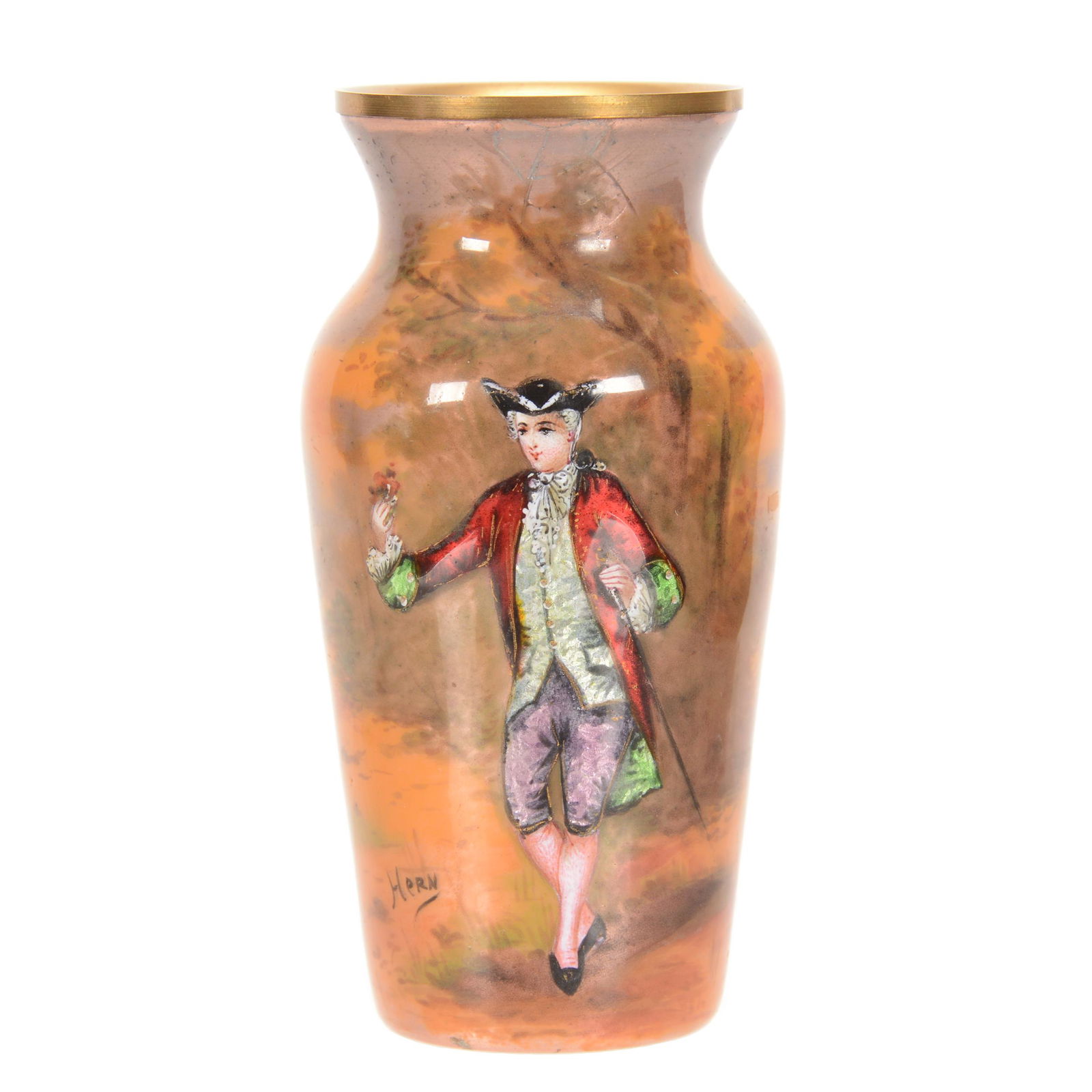 Vase, French Enamel: Vase, French Enamel, 4" x 2", Scene of Classically Dressed Man Walking with Cane. Artist Signed "Hern", Hard to See Surface Bruise at Rim, John Lolley Estate, Monroe, LA. The majority of Mr. Lolley's
