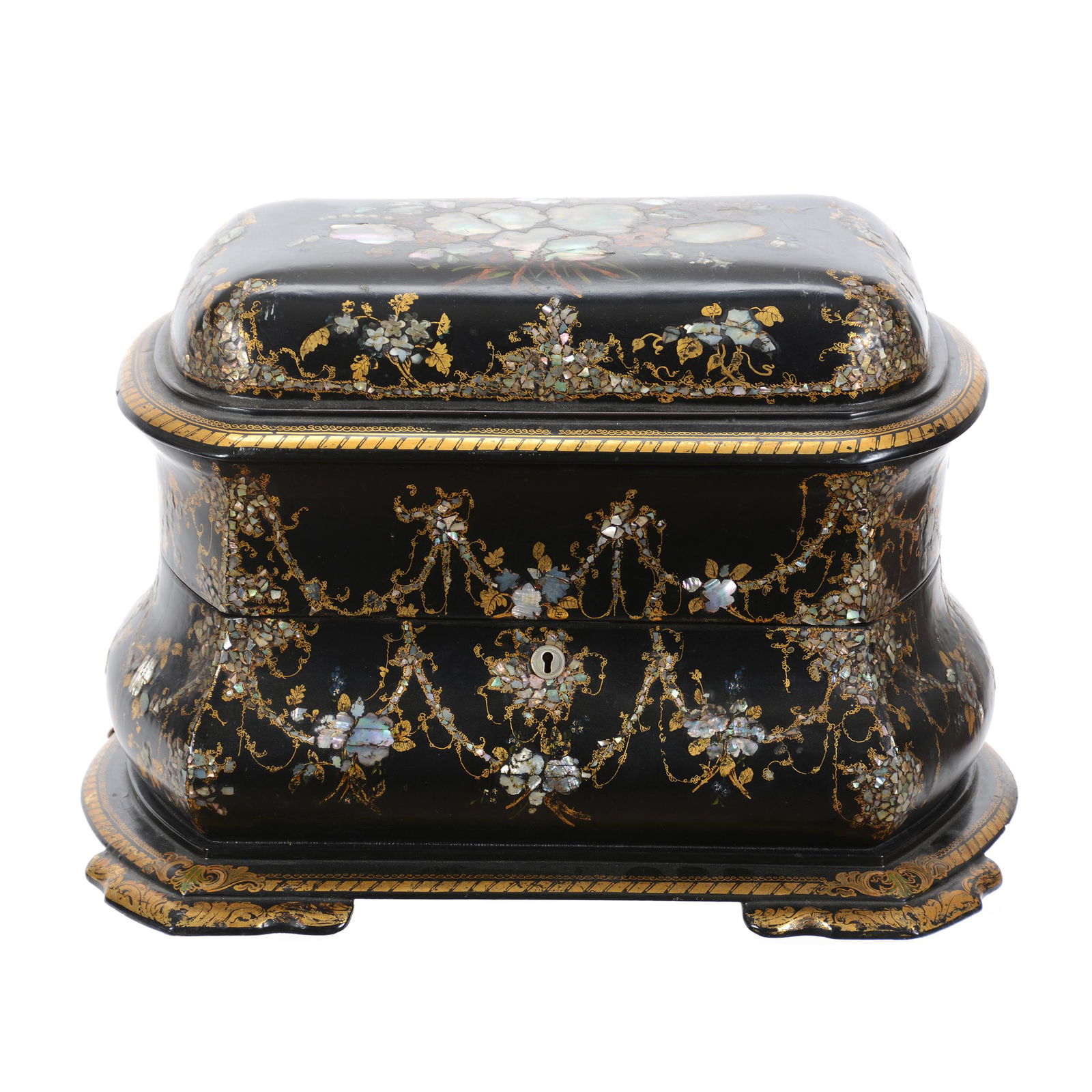 Dresser Chest, Ebony Papier Mache, Inlaid Abalone: Dresser Chest, Ebony Papier Mache, Inlaid Abalone, 10.75" x 16.5", Gold Stencil Highlights, Velvet Lined Interior Base, Decorated Interior Lid, Key but Locking Mechanism Does not Currently Turn, This