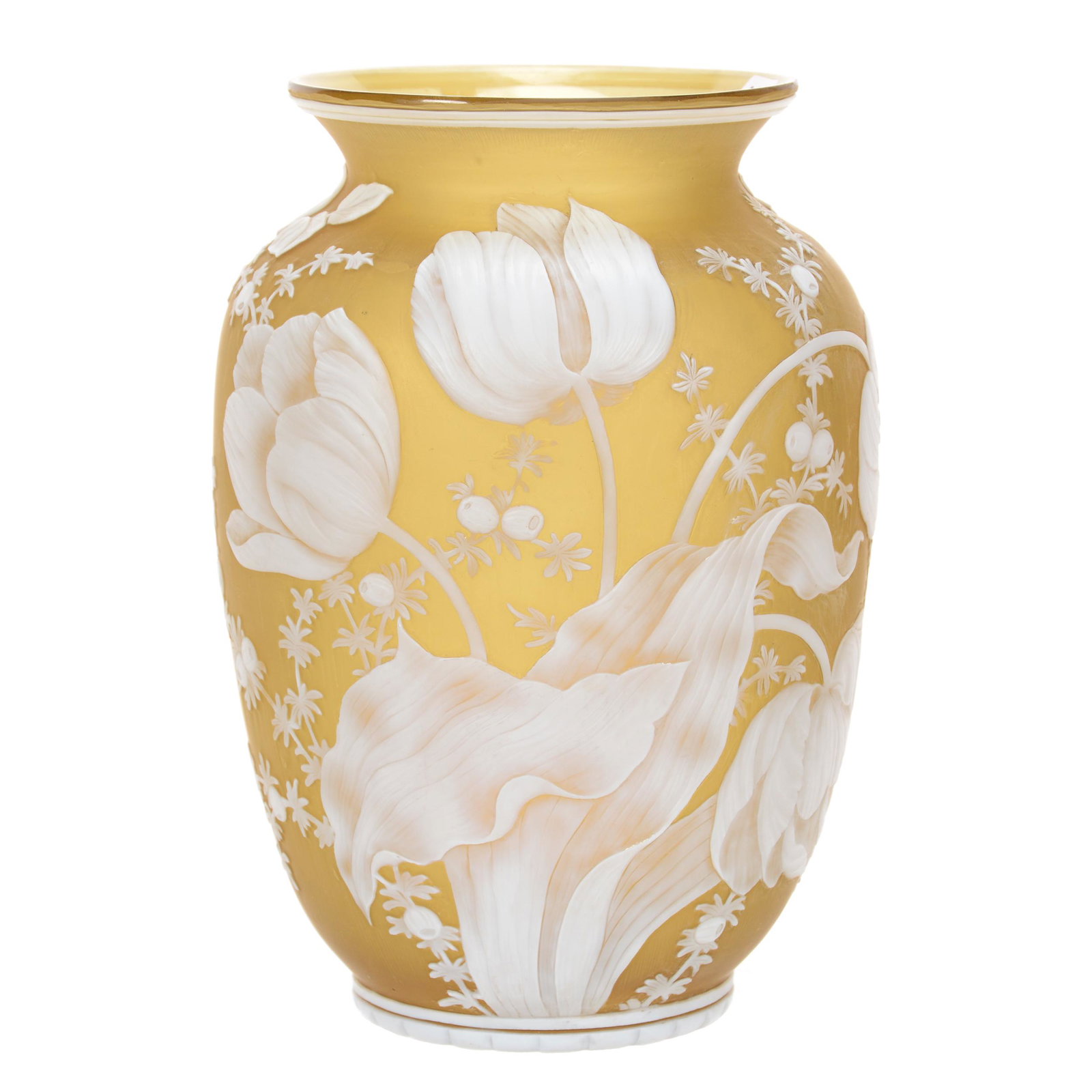 Vase, English Cameo Attributed to Thomas Webb & Sons: Vase, English Cameo Attributed to Thomas Webb & Sons, 7.5" x 5", Highly Detailed Tulip, Leaf and Butterfly Design, John Lolley Estate, Monroe, LA. The majority of Mr. Lolley's collection was marked wi