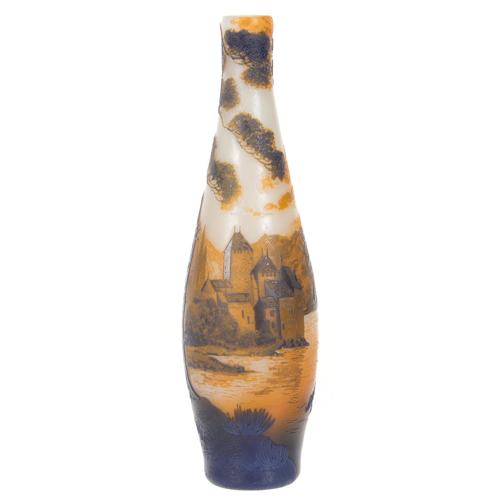 Vase Signed De Vez French Cameo Art Glass: Vase Signed De Vez French Cameo Art Glass, 9.5" x 2.75", Three Color, Castle, Lake and Mountain Scenic Decor, John Lolley Estate, Monroe, LA. The majority of Mr. Lolley's collection was marked with a 