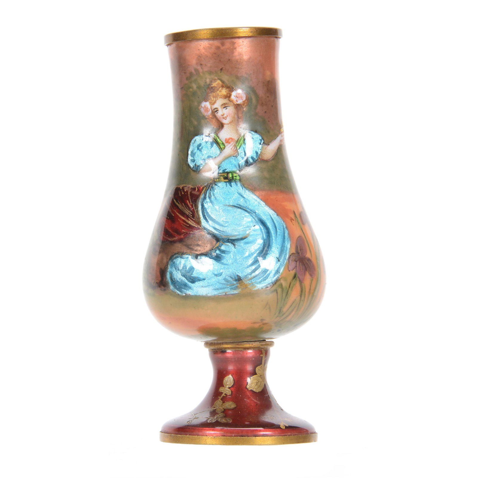 Pedestal Vase, French Enamel: Pedestal Vase, French Enamel, 3.5", Scene of Young Woman in Blue Dress, No Damage but Pedestal is not Firmly Attached to Vase & Needs Tightened, John Lolley Estate, Monroe, LA. The majority of Mr. Lol