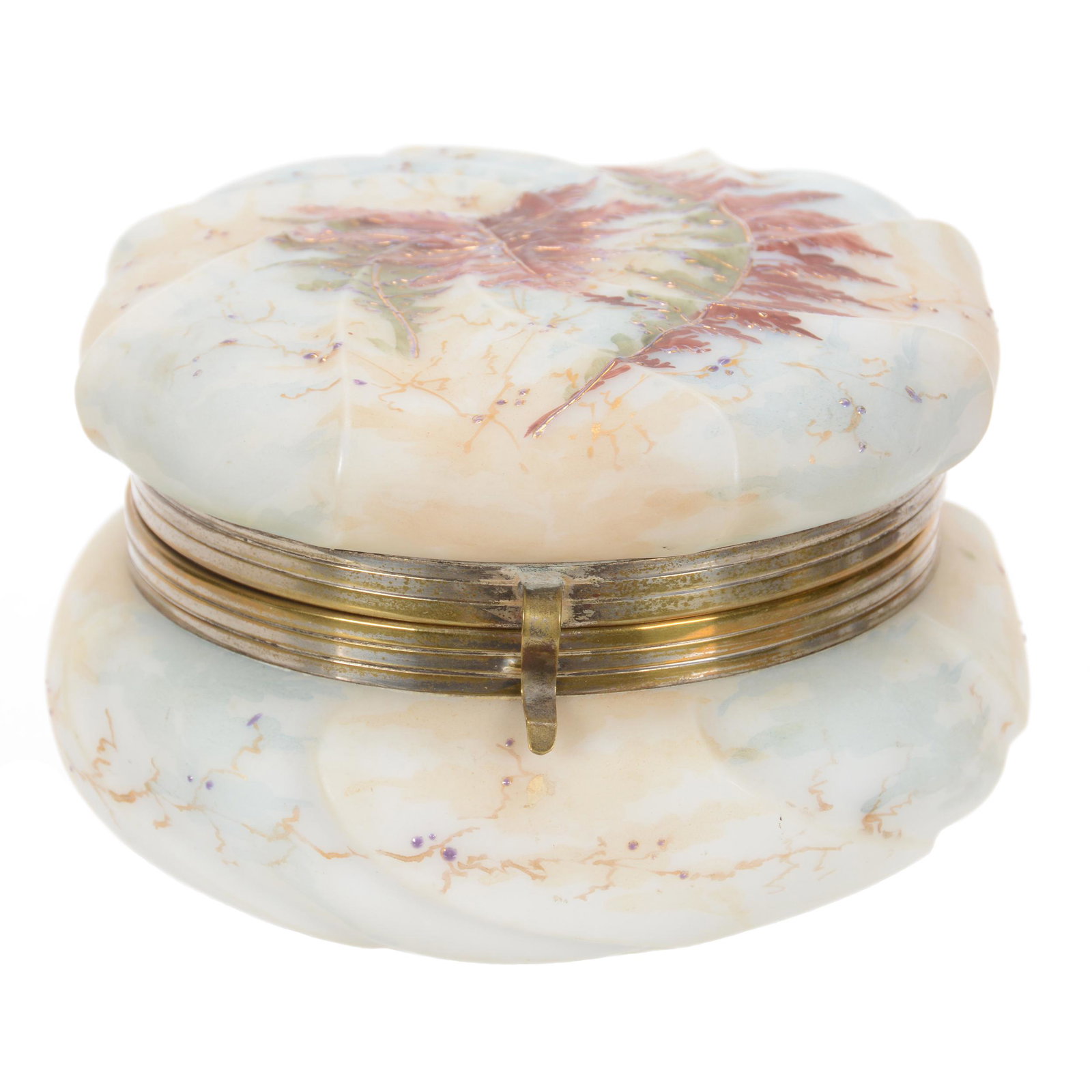 Powder Box, Unmarked Wave Crest Swirl Mold: Powder Box, Unmarked Wave Crest Swirl Mold, 3.5" x 5.5", Cream and Blue Mottled Fern Design, Enameled Fern Decor, Original Lining, John Lolley Estate, Monroe, LA. The majority of Mr. Lolley's collecti