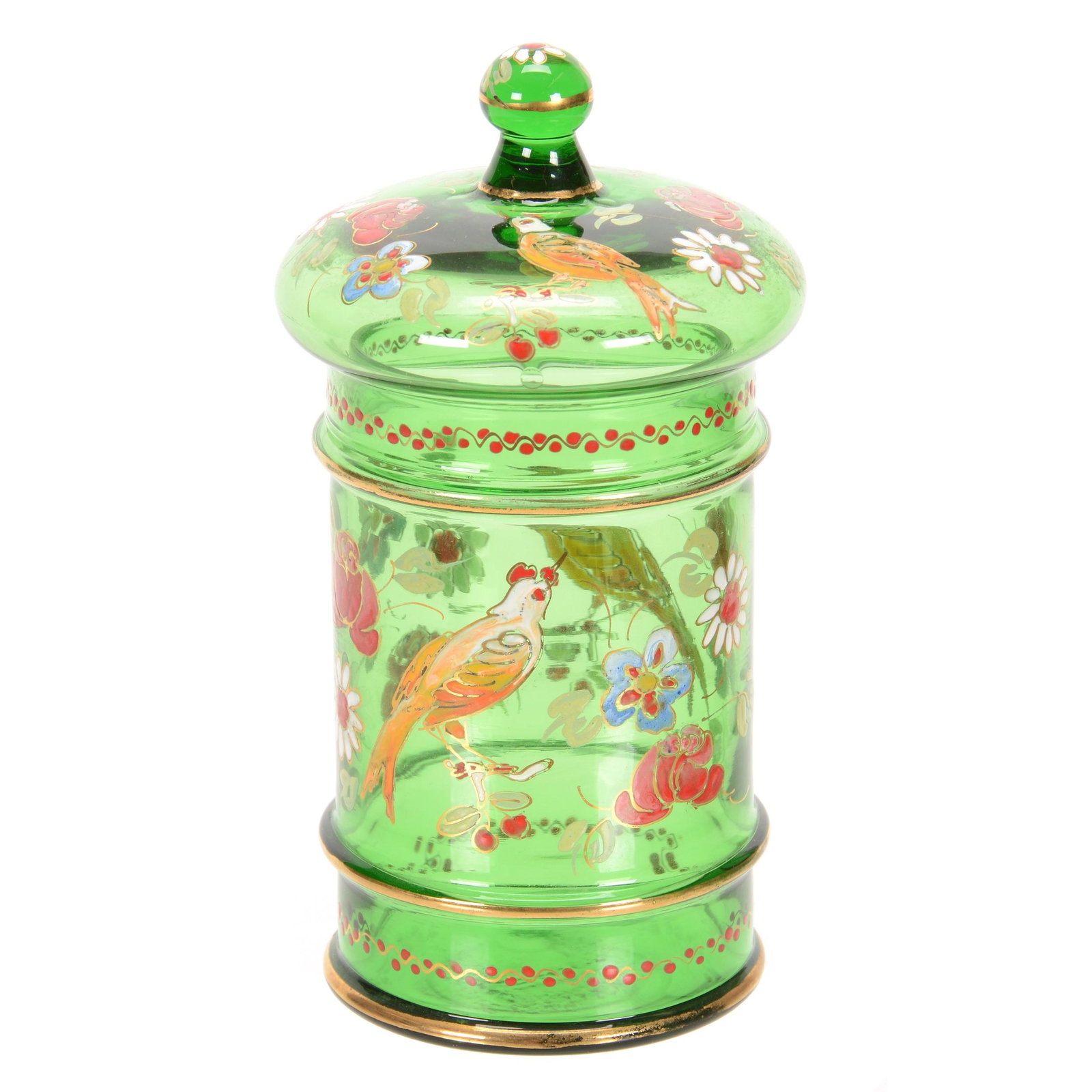 Covered Jar, Heavily Enameled: Covered Jar, Heavily Enameled, 6.5" x 3.5", Solid Green with Enamel Bird and Floral Decor, Spanish, Circa 1980's, John Lolley Estate, Monroe, LA. The majority of Mr. Lolley's collection was marked wit