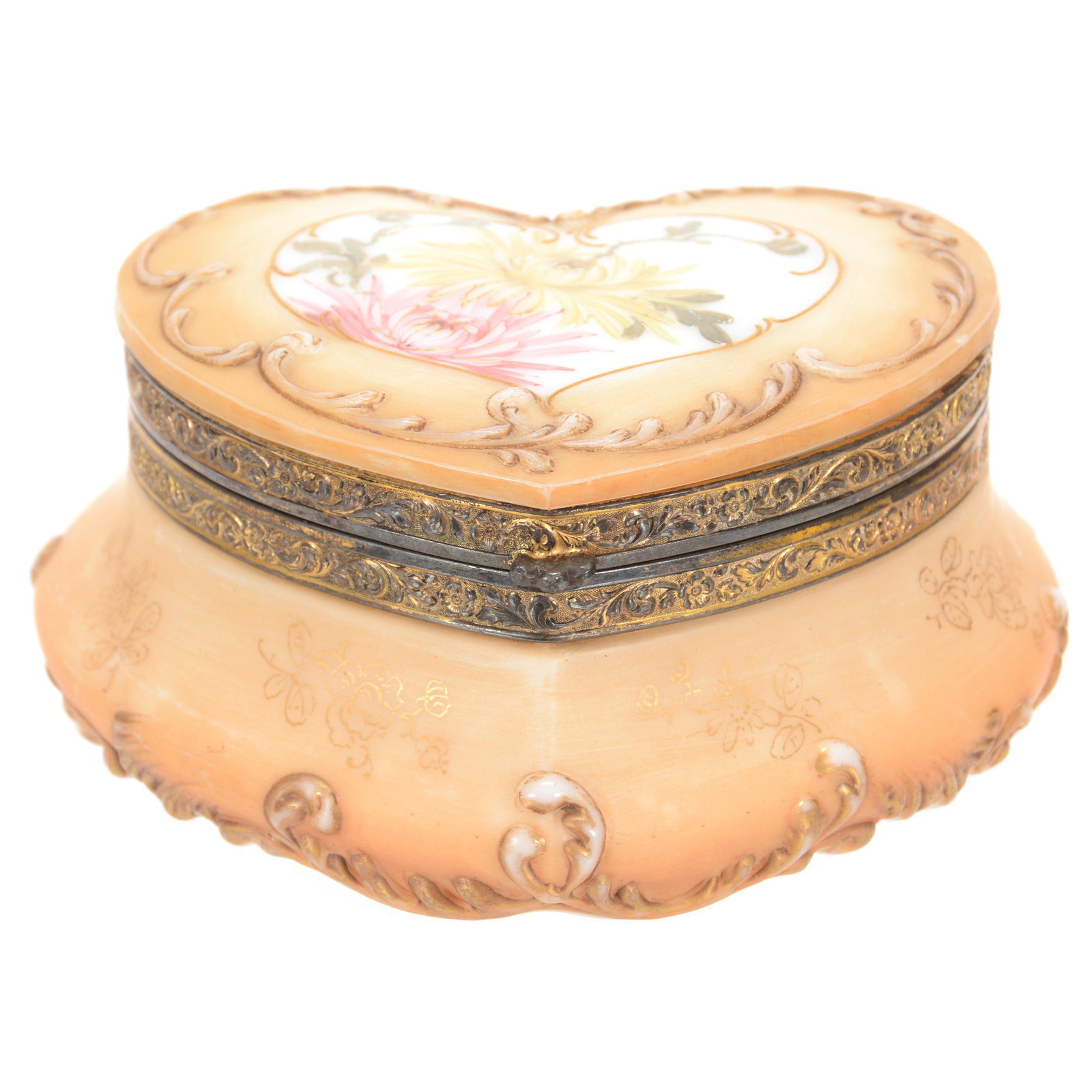 Box, Heart Shaped, Unmarked Pairpoint: Box, Heart Shaped, Unmarked Pairpoint, 3" x 6", Cream Tones with Pink and Yellow Floral Decor, Original Lining, John Lolley Estate, Monroe, LA. The majority of Mr. Lolley's collection was marked with 