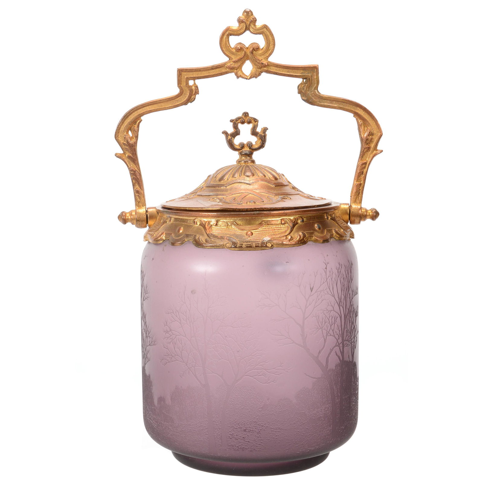 Biscuit Jar, Solid Amethyst Art Glass: Biscuit Jar, Solid Amethyst Art Glass, 8" x 6", Acid Etched Tree and Village Scenic Decor, Gilt Metal Lid and Bail, John Lolley Estate, Monroe, LA. The majority of Mr. Lolley's collection was marked w