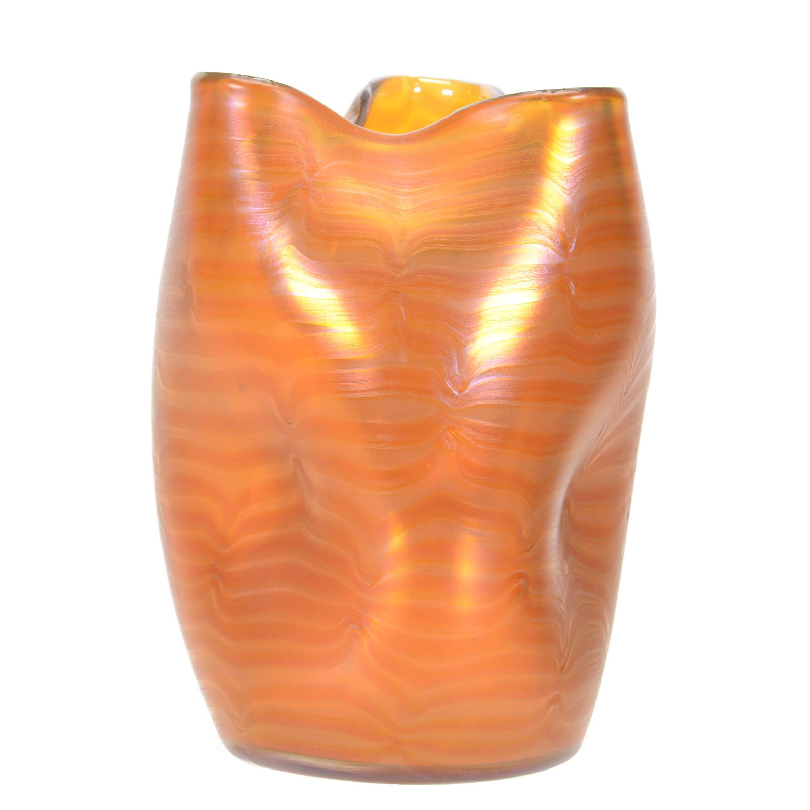 Vase Signed Durand Art Glass: Vase Signed Durand Art Glass, 6" x 4.5", Tri-Corner with Dimpled Sides, Gold Iridescent with Pinkish King Tut Design, John Lolley Estate, Monroe, LA. The majority of Mr. Lolley's collection was marked