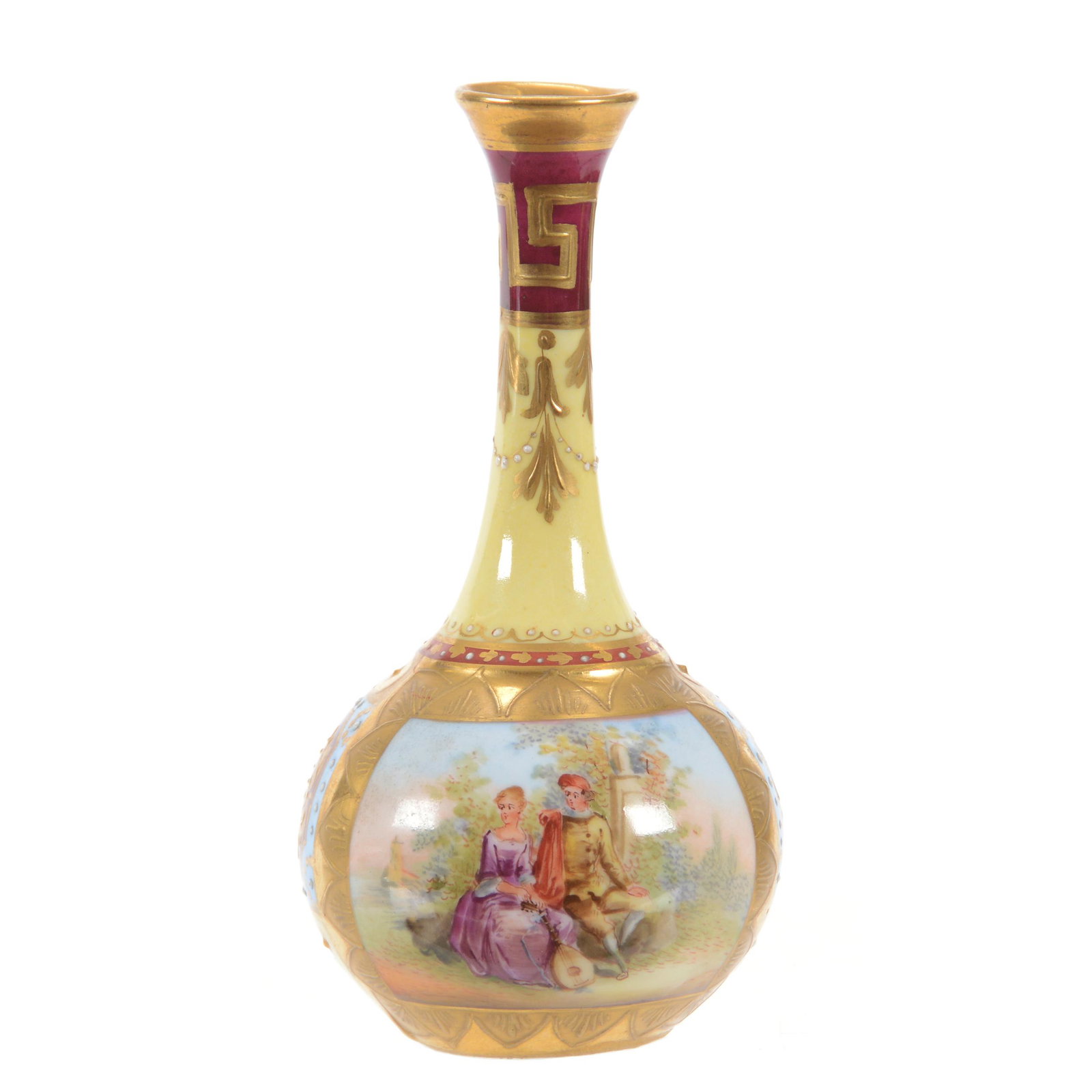 Miniature Vase Marked Beehive: Miniature Vase Marked Beehive, 4.25" x 2.25", Yellow, Maroon, Blue and Pink Tones with Heavy Gold Trim, Courting Scene Decor, John Lolley Estate, Monroe, LA. The majority of Mr. Lolley's collection wa