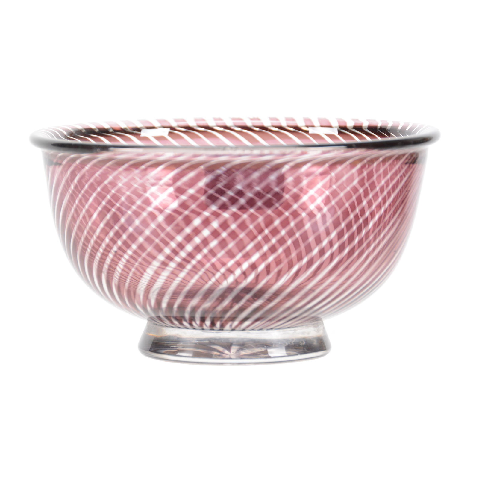 Bowl Signed Orrefors Graal, Artist Edward Hald: Bowl Signed Orrefors Graal, Artist Edward Hald, 2.25" x 4", Clear with Amethyst Swirled Ribbon Design, John Lolley Estate, Monroe, LA. The majority of Mr. Lolley's collection was marked with a museum 