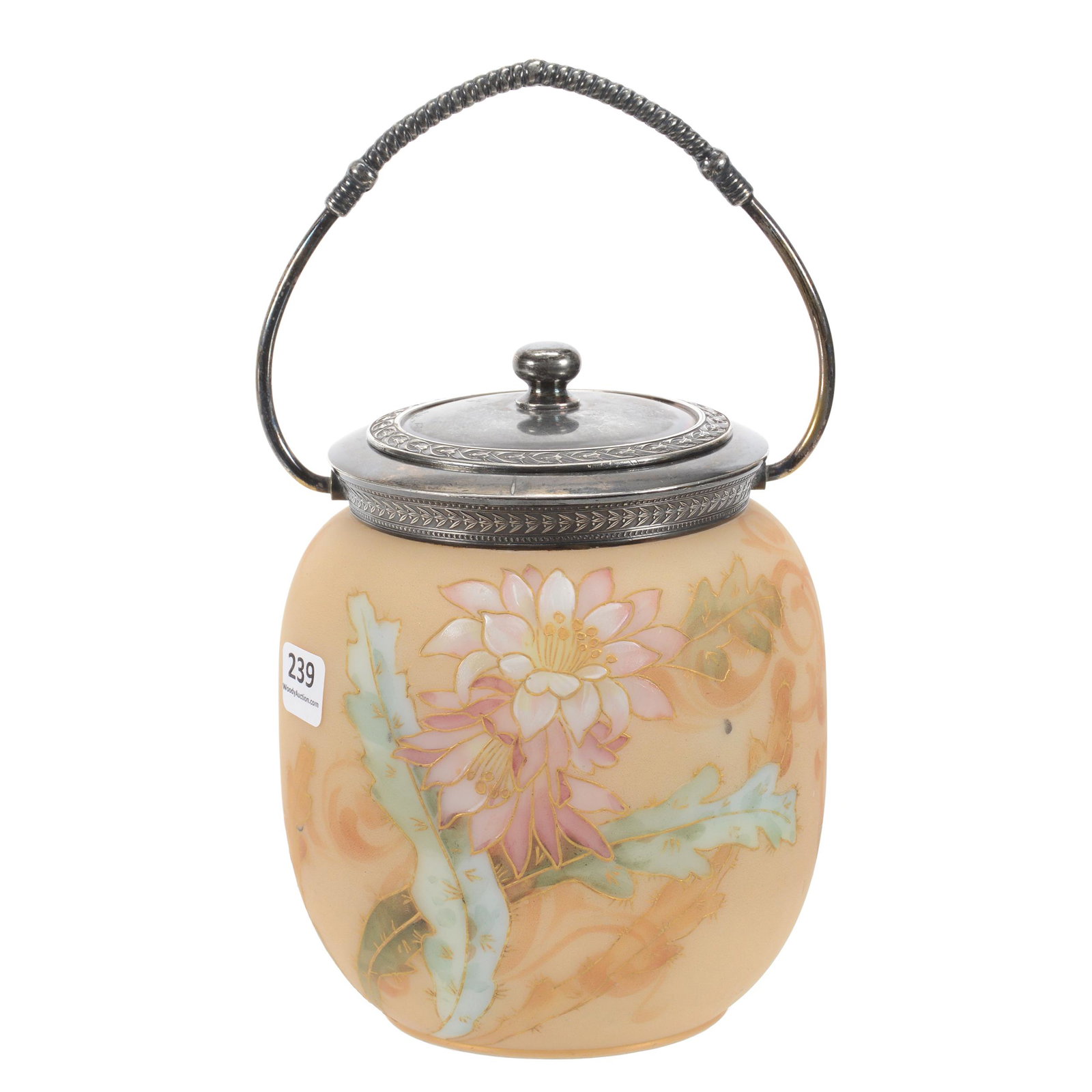 Biscuit Jar Marked Crown Milano Art Glass: Biscuit Jar Marked Crown Milano Art Glass, 7" x 5", Cream Tones with Enamel Blossom and Leaf Decor, Silverplate Lid and Bail, John Lolley Estate, Monroe, LA. The majority of Mr. Lolley's collection wa