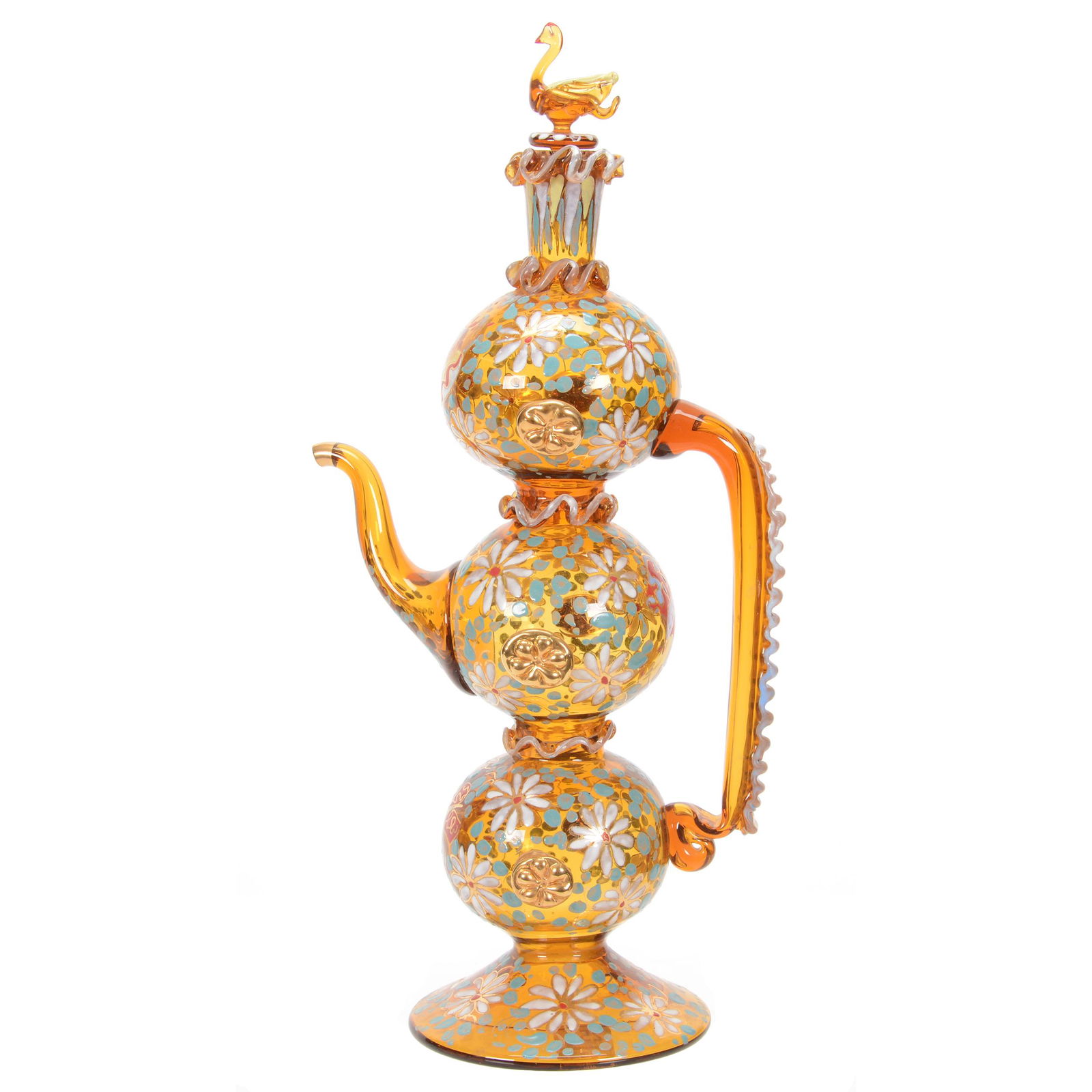 Three Globe Decanter, Heavily Enameled Art Glass: Three Globe Decanter, Heavily Enameled Art Glass, 15.5" x 7.5", Amber with Floral and Fish Decor, Figural Swan Stopper, Spanish, Circa 1980's, John Lolley Estate, Monroe, LA. The majority of Mr. Lolle