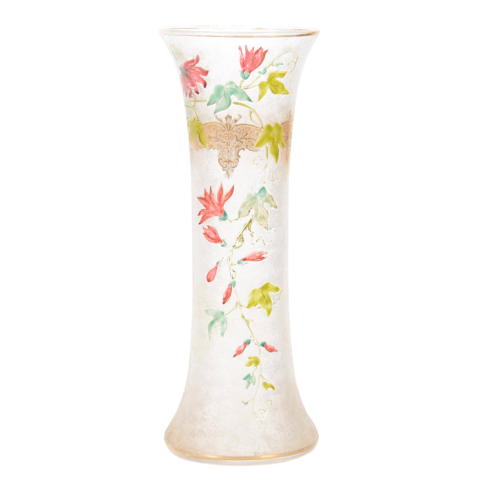 Vase, Unmarked French Cameo: Vase, Unmarked French Cameo, 9.5" x 3.5", Clear Acid Cut Background with Enamel Ivy Relief Decor, John Lolley Estate, Monroe, LA. The majority of Mr. Lolley's collection was marked with a museum label