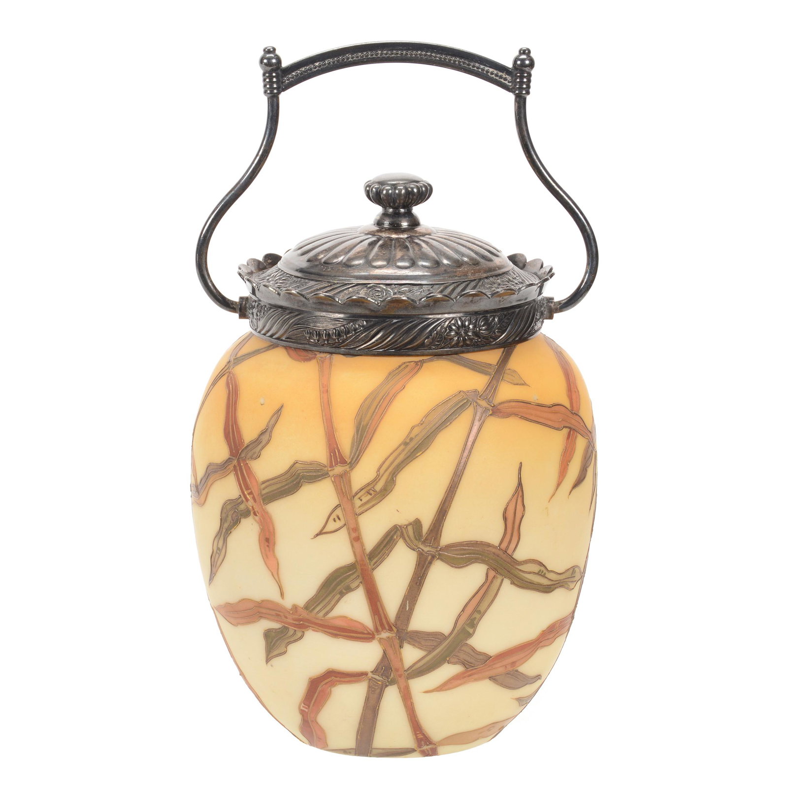 Biscuit Jar, Unmarked Mt. Washington Art Glass: Biscuit Jar, Unmarked Mt. Washington Art Glass, 7.5" x 5", Cream Exterior with Multi-Color Gold Bamboo Enamel Decor, Silverplate Lid and Bail, John Lolley Estate, Monroe, LA. The majority of Mr. Lolle