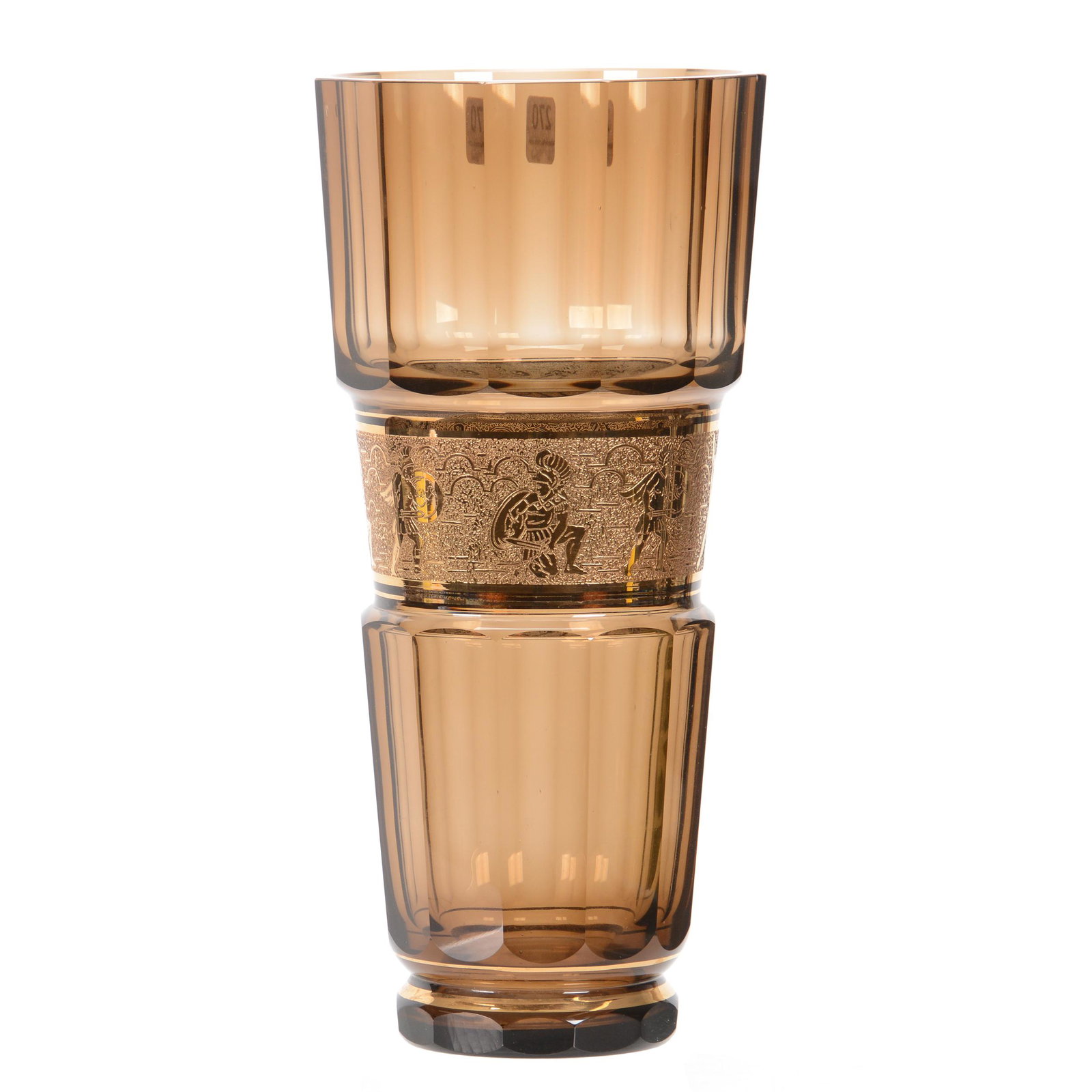 Vase, Dark Smoke Art Glass with Gold Decor: Vase, Dark Smoke Art Glass with Gold Decor, 14.25" x 6.75", Acid Cut Gold Band with Classic Fighting Scene, John Lolley Estate, Monroe, LA. The majority of Mr. Lolley's collection was marked with a mu