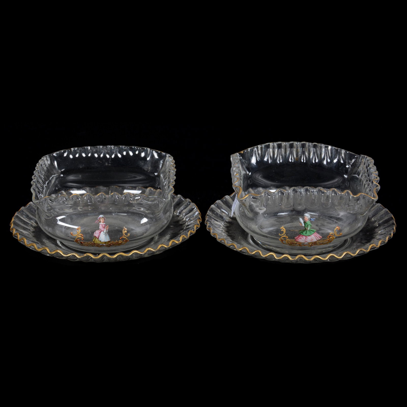 Pair Finger Bowls/Underplates, Bohemian Glass: Pair Finger Bowls/Underplates, Bohemian Glass, 2.5" x 5.5", Enameled Scene of Two Women, Possibly Lobmyer, John Lolley Estate, Monroe, LA. The majority of Mr. Lolley's collection was marked with a mus