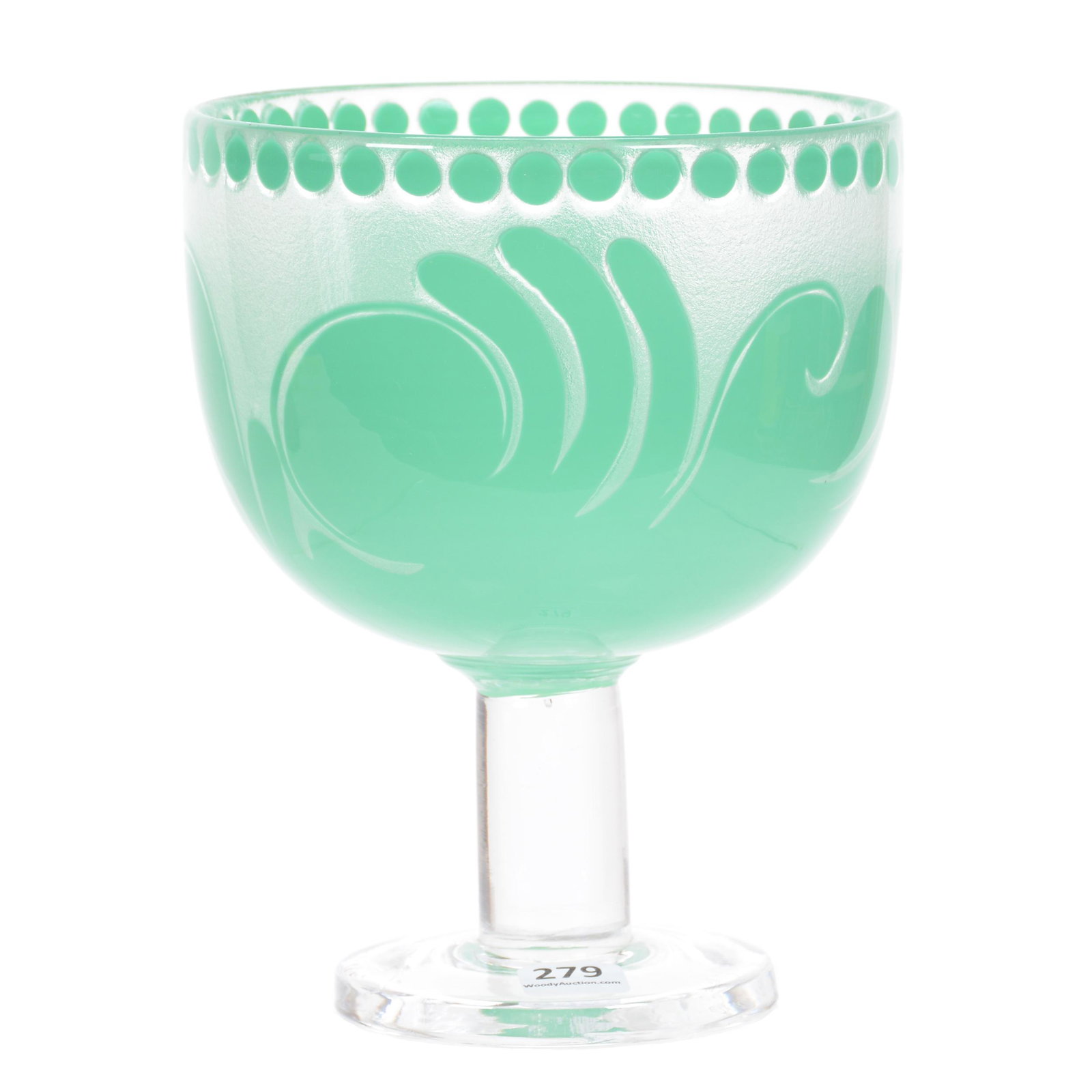 Pedestal Bowl Signed Kosta Boda Ajors B. Vallien: Pedestal Bowl Signed Kosta Boda Ajors B. Vallien, 7.5" x 6", Green Cameo Carved Interior Overlay, Stylized Design, John Lolley Estate, Monroe, LA. The majority of Mr. Lolley's collection was marked wi