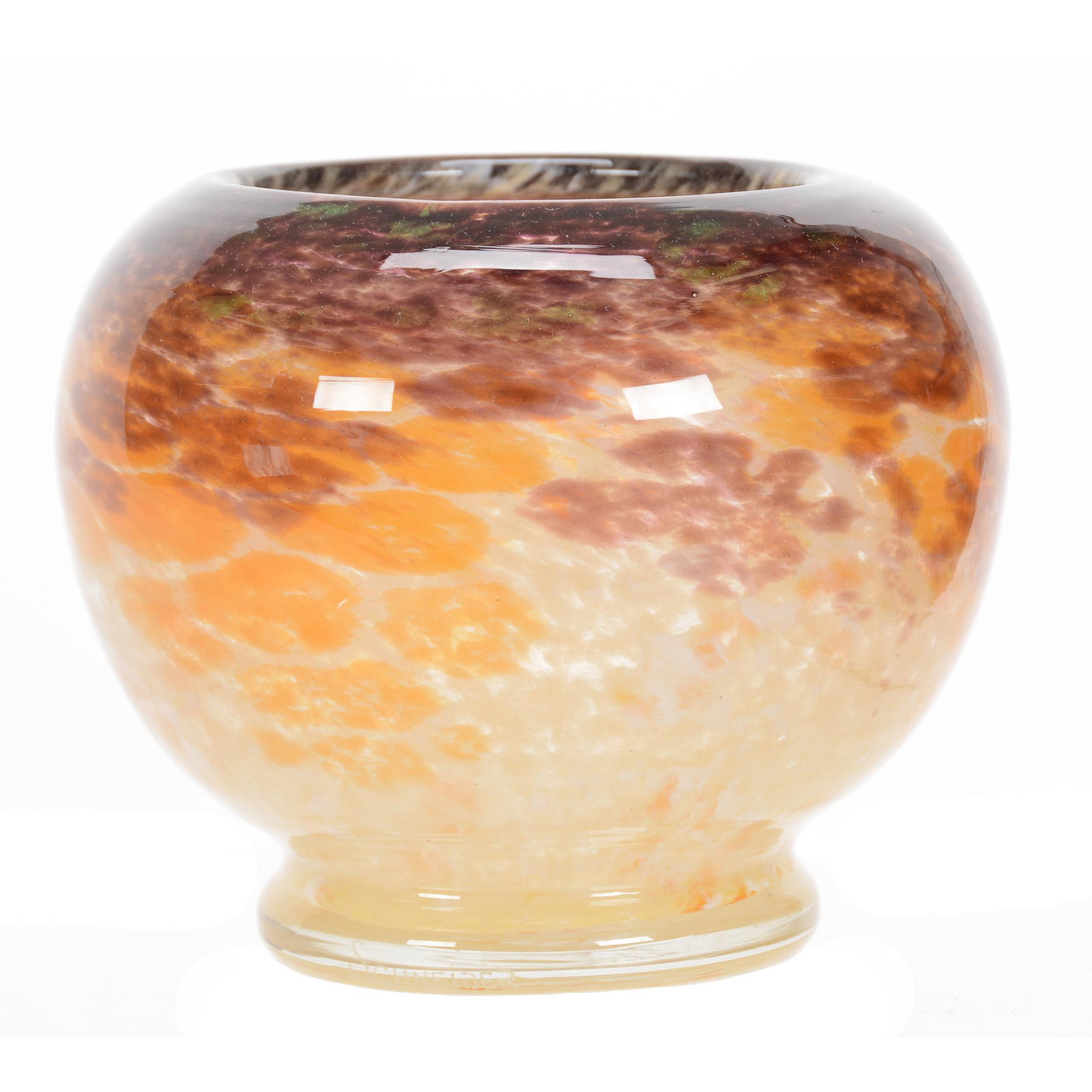 Vase, Unmarked Monart Art Glass, Circa 1930's: Vase, Unmarked Monart Art Glass, Circa 1930's, 6.25" x 7.25", Yellow, White, Orange and Lavender Mottled Design, John Lolley Estate, Monroe, LA. The majority of Mr. Lolley's collection was marked with