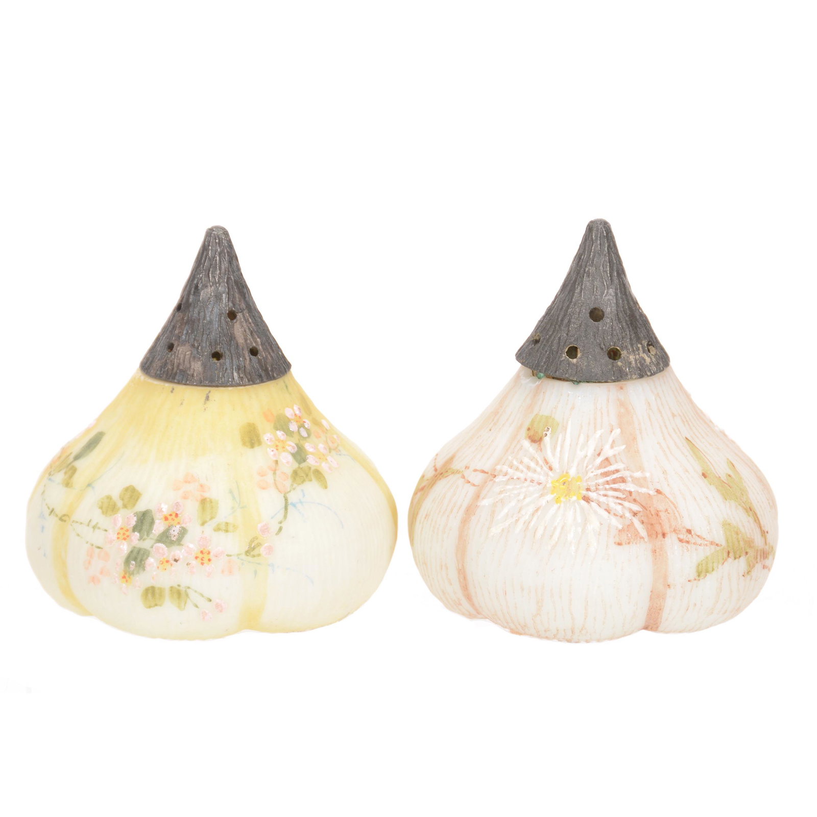 Salt & Pepper Set, Fig Design by Mt. Washington: Salt & Pepper Set, Fig Design by Mt. Washington, 2.75", (1) Brown and White, (1) Yellow and White, Both have Enamel Decor, John Lolley Estate, Monroe, LA. The majority of Mr. Lolley's collection was m