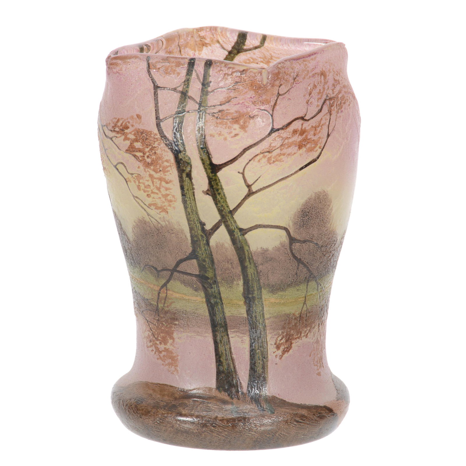 Vase Signed Legras French Cameo: Vase Signed Legras French Cameo, 5.25" x 3.5", Enameled Tree and Lake Scenic Decor, John Lolley Estate, Monroe, LA. The majority of Mr. Lolley's collection was marked with a museum labeling pen which 
