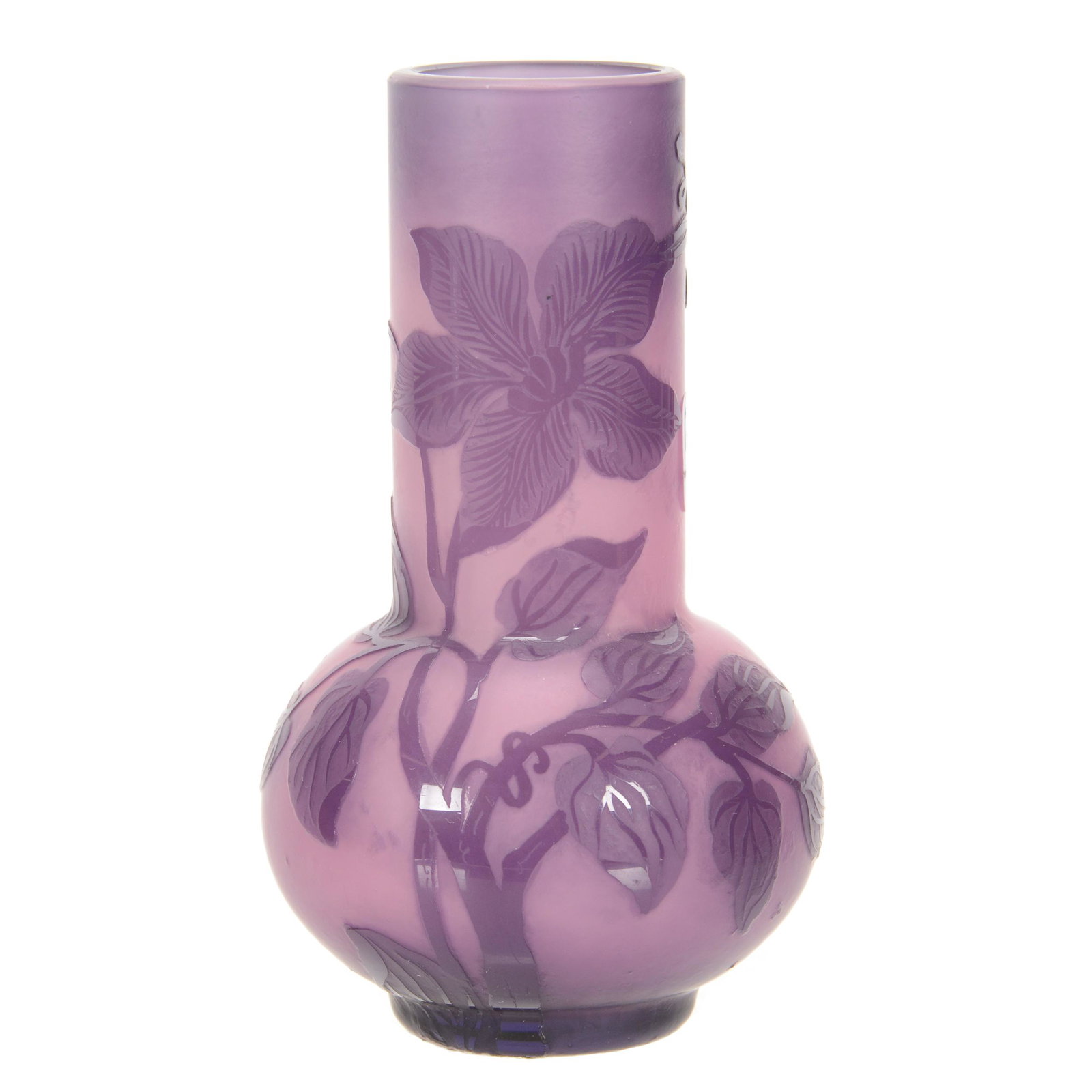 Vase Signed Weis French Cameo: Vase Signed Weis French Cameo, 5.75" x 3.25", Two Color, Pink and Lavender, with Cameo Carved Floral Decor, John Lolley Estate, Monroe, LA. The majority of Mr. Lolley's collection was marked with a mu