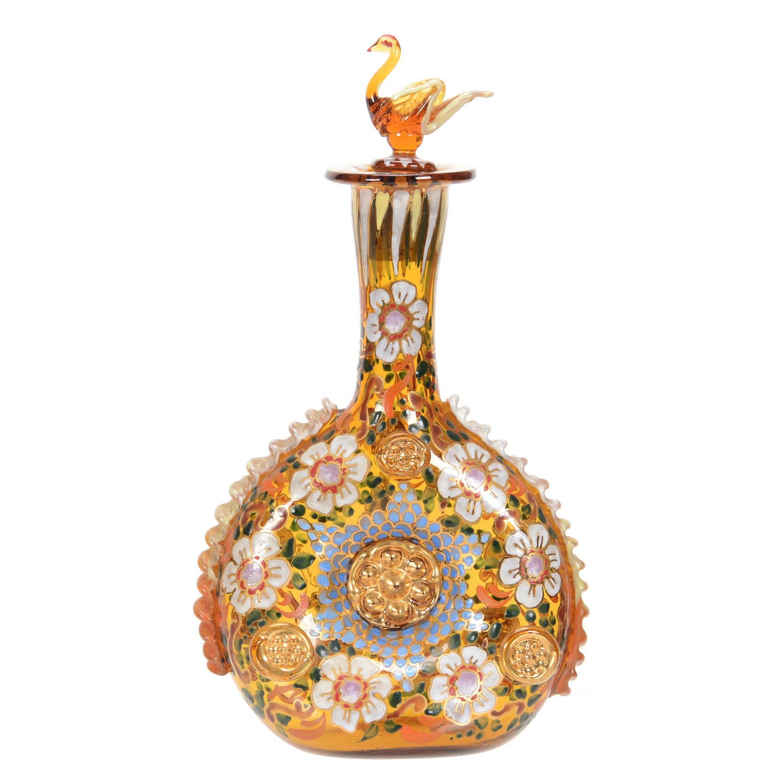 Doughnut Decanter, Heavily Enameled: Doughnut Decanter, Heavily Enameled, 10", Amber, Floral Decor, Figural Swan Stopper, Spanish, Circa 1980's, Hairline in Neck of Decanter, John Lolley Estate, Monroe, LA. The majority of Mr. Lolley's c