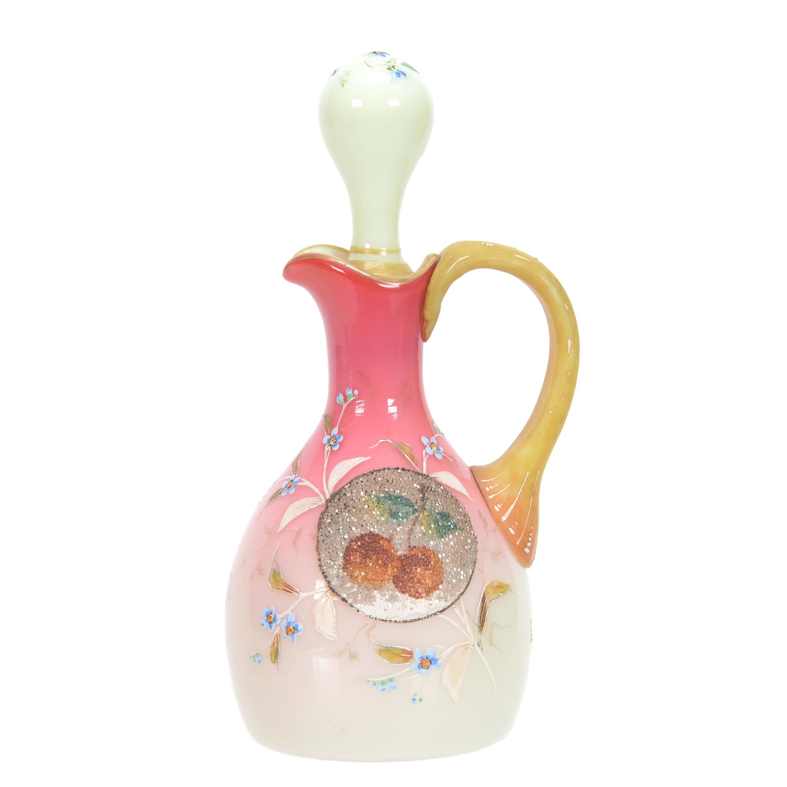 Cruet Bottle, Peachblow Art Glass: Cruet Bottle, Peachblow Art Glass, 7.5", Coralene and Enamel Fruit Decor, Pattern Decorated Stopper, John Lolley Estate, Monroe, LA. The majority of Mr. Lolley's collection was marked with a museum la