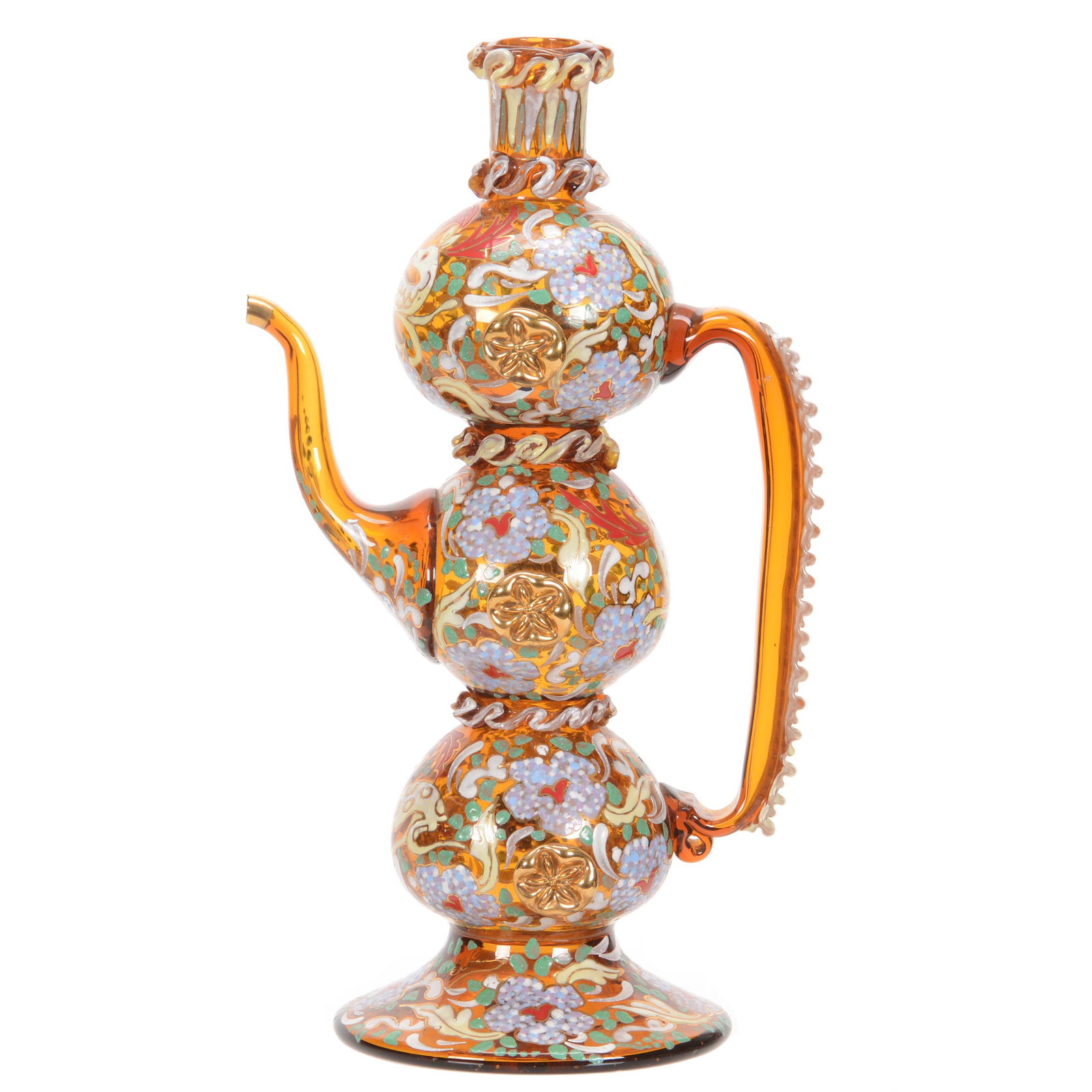 Three Globe Decanter, Heavily Enameled Art Glass: Three Globe Decanter, Heavily Enameled Art Glass, 12.5" x 7.5", Amber, Floral and Deer Enamel Decor, No Stopper, Spanish, Circa 1980's, John Lolley Estate, Monroe, LA. The majority of Mr. Lolley's col