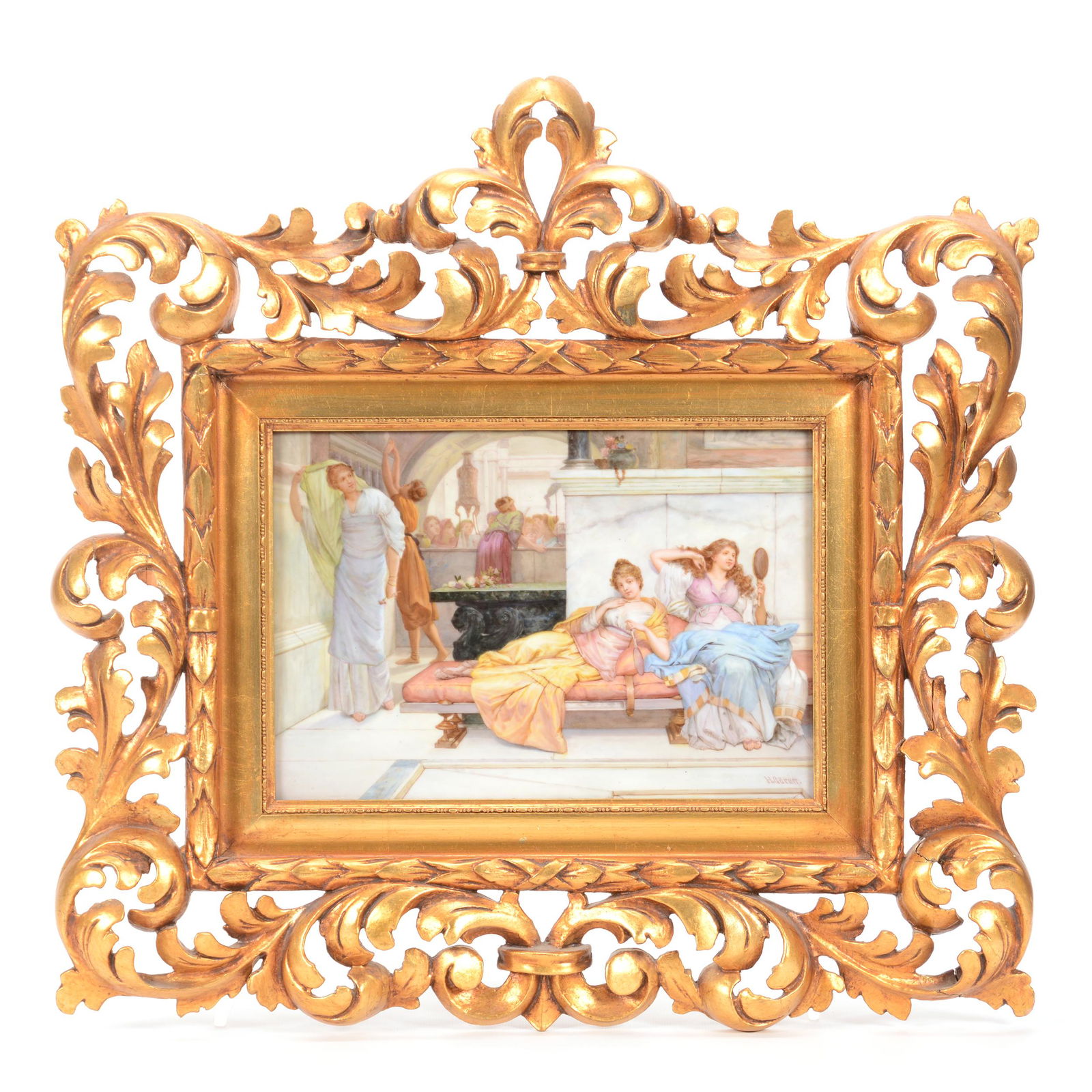 Vienna Porcelain Plaque, Artist Signed, Hand Painted: Vienna Porcelain Plaque, Artist Signed, Hand Painted, 8.5" x 12", Scene Titled "At the Shrine of Venus", Artist Signed "H. Goruar", Mounted in Elaborate Carved and Gilded Wooden Frame Measuring 20" X