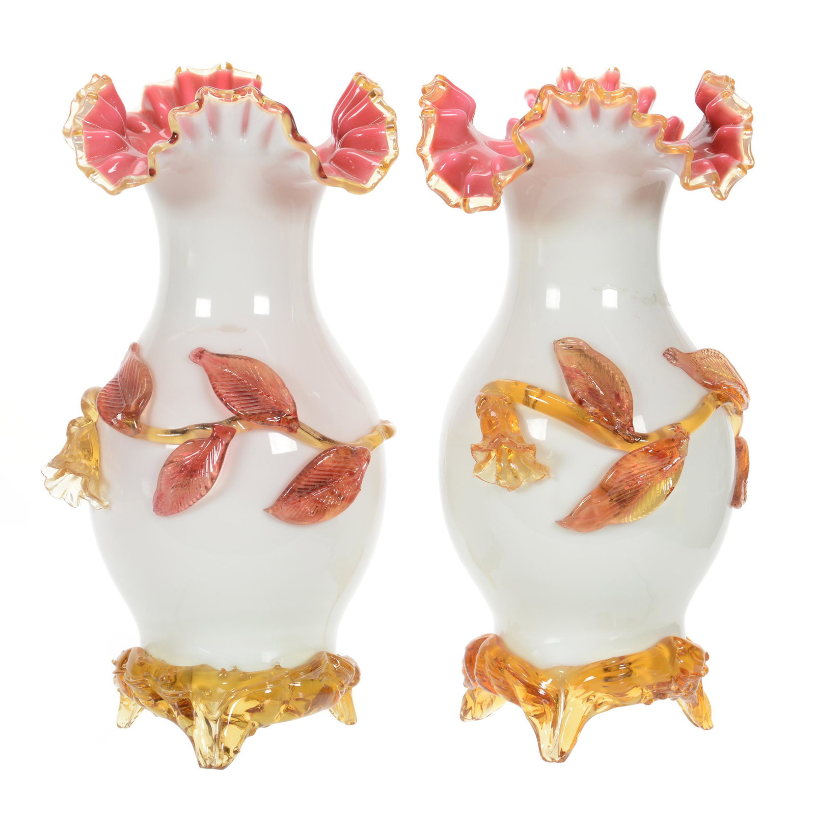 Pair Vases, White Cased, Pink Interior Art Glass: Pair Vases, White Cased, Pink Interior Art Glass, 11.25", Applied Amber Branch and Leaf Decor, One Vase has One Flower with Chipping & One Foot with Chipping, John Lolley Estate, Monroe, LA. The major