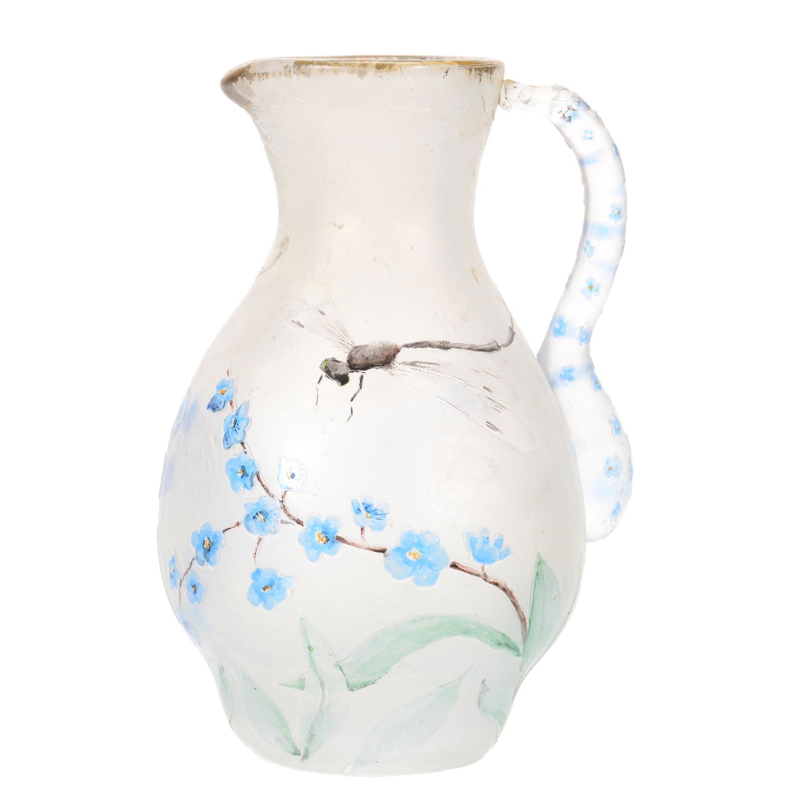 Pitcher, Unmarked French Cameo Art Glass: Pitcher, Unmarked French Cameo Art Glass, 6" x 4", Clear Opalescent Acid Cut with Dragonfly and Floral Decor, Style and Quality of Daum Nancy, John Lolley Estate, Monroe, LA. The majority of Mr. Lolle