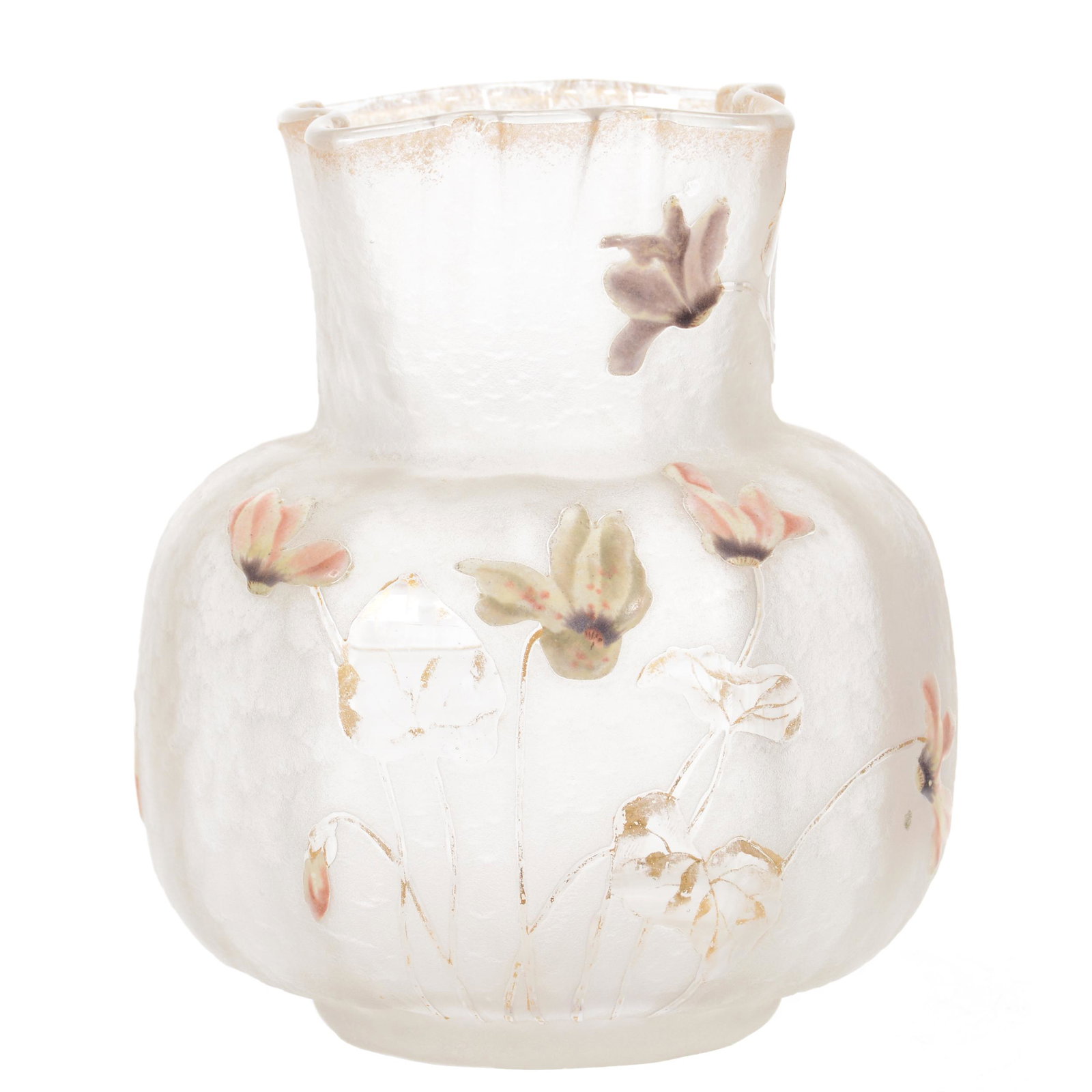 Vase, Unmarked Mt. Joye French Cameo Art Glass: Vase, Unmarked Mt. Joye French Cameo Art Glass, 5.75" x 4.75", White Acid Cut Background with Enamel Floral Decor, Square Ruffled Top, John Lolley Estate, Monroe, LA. The majority of Mr. Lolley's coll