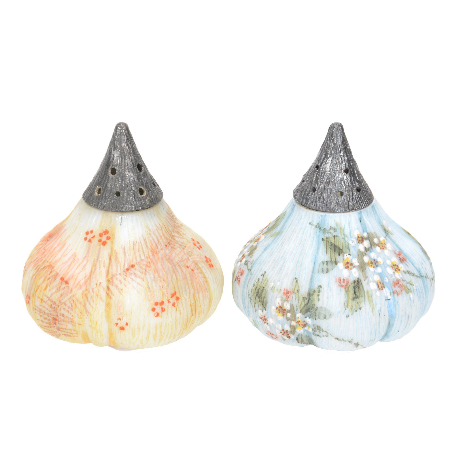 Salt & Pepper Set, Fig Design by Mt. Washington: Salt & Pepper Set, Fig Design by Mt. Washington, 2.5", (1) Blue, (1) Yellow and White, Both with Floral Decor, John Lolley Estate, Monroe, LA. The majority of Mr. Lolley's collection was marked with a