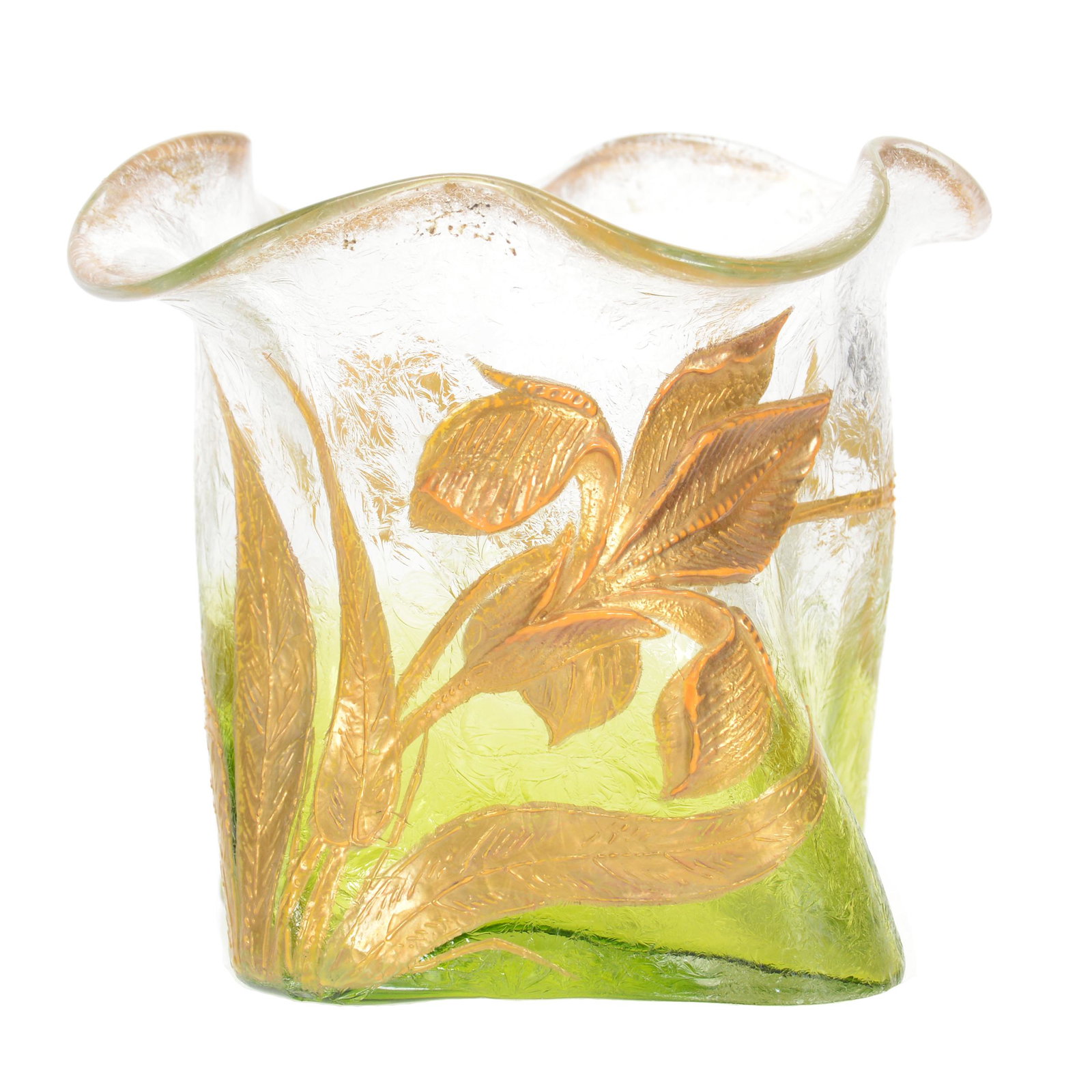 Vase, Unmarked Mt. Joye Style Art Glass: Vase, Unmarked Mt. Joye Style Art Glass, 4.5" x 5.25", Clear Shading to Green, Acid Cut Background, Heavy Enamel Iris Decor, Polished Pontil Base, John Lolley Estate, Monroe, LA. The majority of Mr. L
