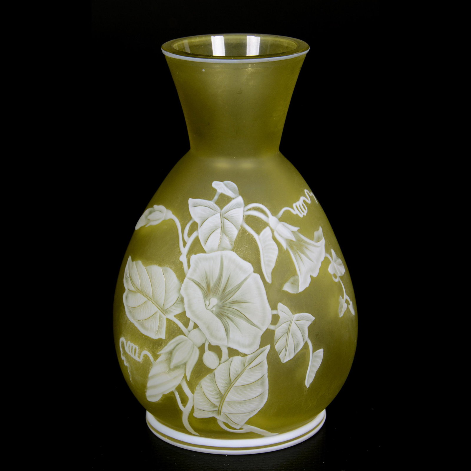 Vase, Unmarked Webb English Cameo Glass: Vase, Unmarked Webb English Cameo Glass, 5" x 3", Citrine Background with White Cameo Carved Overlay Featuring Morning Glory and Butterfly Decor, John Lolley Estate, Monroe, LA. The majority of Mr. Lo