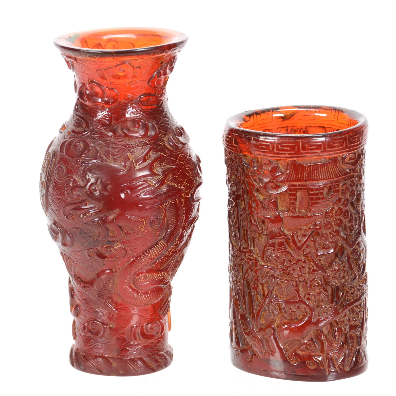 (2) Vases, Carved Amber Oriental Design: (2) Vases, Carved Amber Oriental Design, (1) 5.75", Dragon Motif, (1) 4.5", Village Motif, Unable to Verify Actual Material of Vases, John Lolley Estate, Monroe, LA. The majority of Mr. Lolley's colle