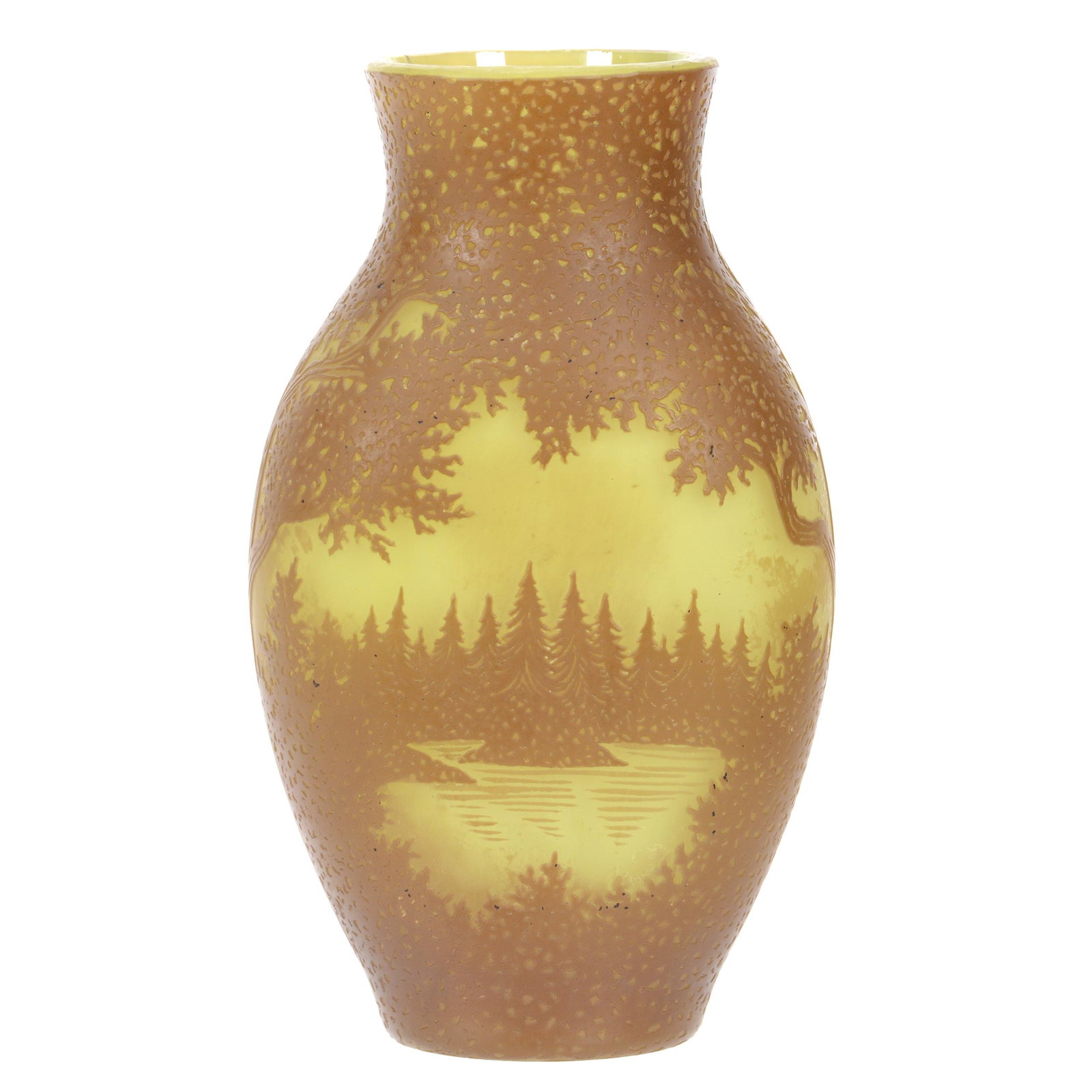 Vase Signed Reijmyre, Swedish Cameo Glass Dated 1918: Vase Signed Reijmyre, Swedish Cameo Glass Dated 1918, 6.75" x 4", Yellow Background with Green Cameo Carved Lake and Trees Scenic Overlay, Model #622, Artist Marked "A. E. Boman" (1875-1949), John Lol