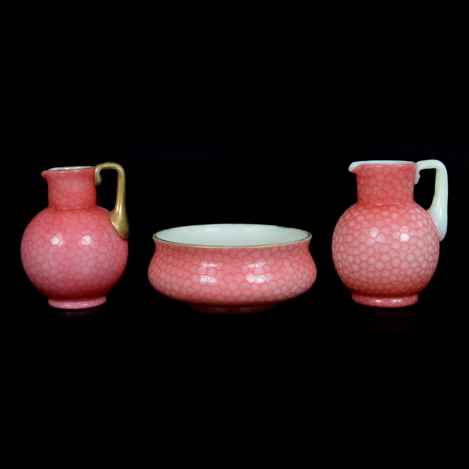 (3) Items, Cased Art Glass Attributed to Webb: (3) Items, Cased Art Glass Attributed to Webb, Pink Exterior, White Interior, Fish Scale Background with Gold Enamel Floral and Insect Decor, Signed "GLF" Believed to be George L. Fereday, Gilded, (2)