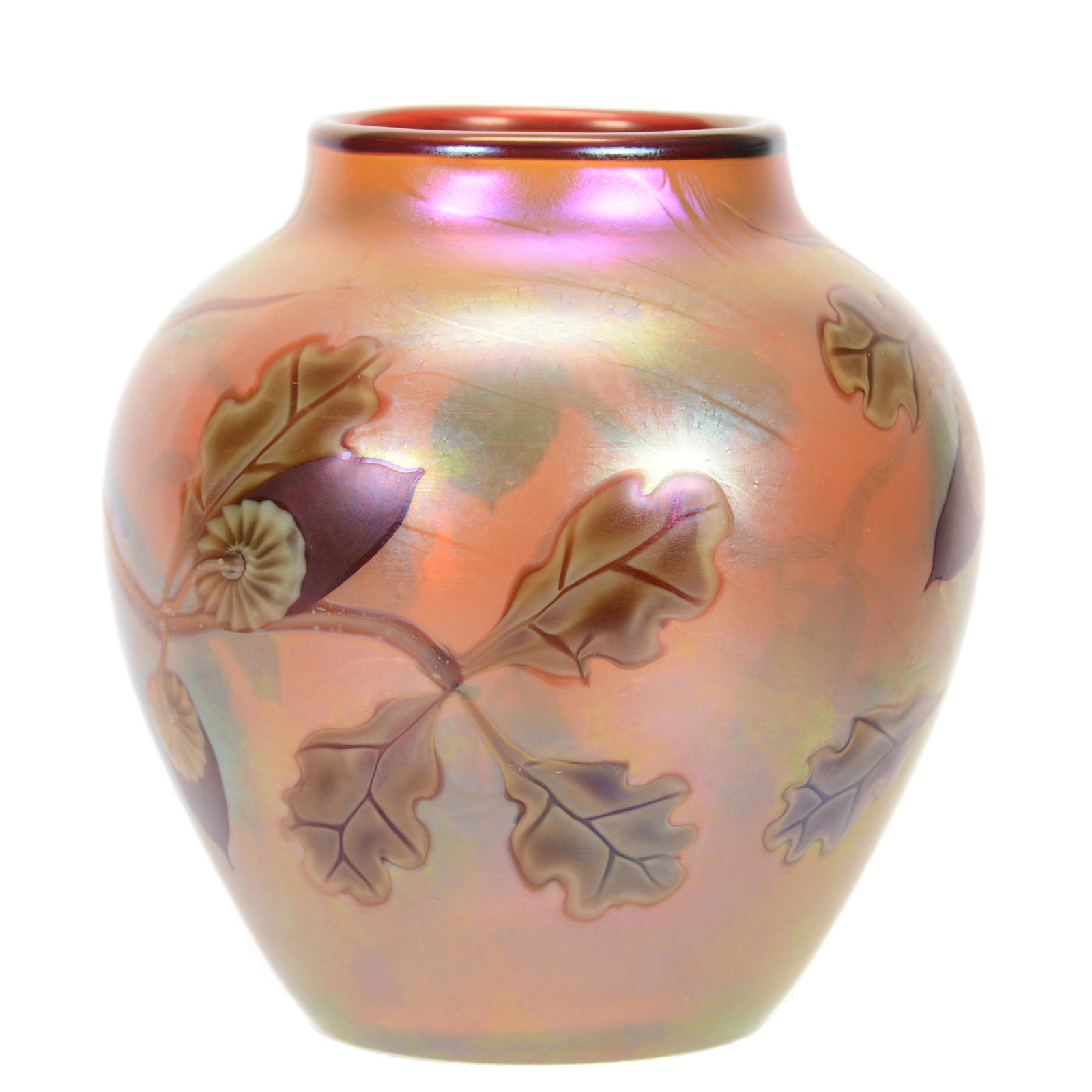 Vase, Contemporary, Signed Orient & Flume Dated 1977: Vase, Contemporary, Signed Orient & Flume Dated 1977, 4.5" x 4.25", Gold Iridescent with Acorn Branch Decor, Model #0H5W5OS778AG, Artist Signed "E. Seaira", John Lolley Estate, Monroe, LA. The majorit