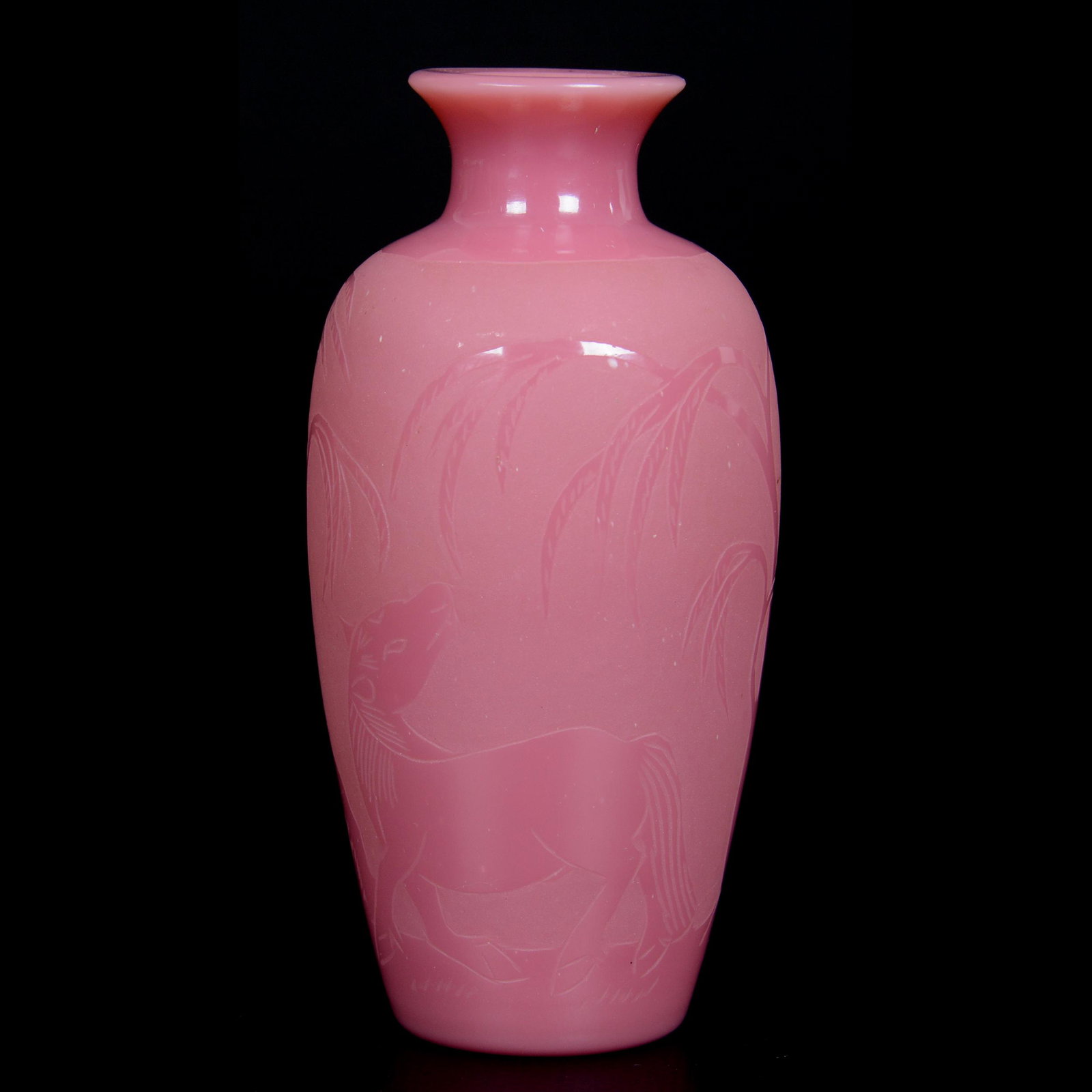 Vase, Unmarked Pink Opaque Art Glass: Vase, Unmarked Pink Opaque Art Glass, 4.75" x 2", Sandblasted Horse and Tree Scenic Decor, Unknown Maker, John Lolley Estate, Monroe, LA. The majority of Mr. Lolley's collection was marked with a muse
