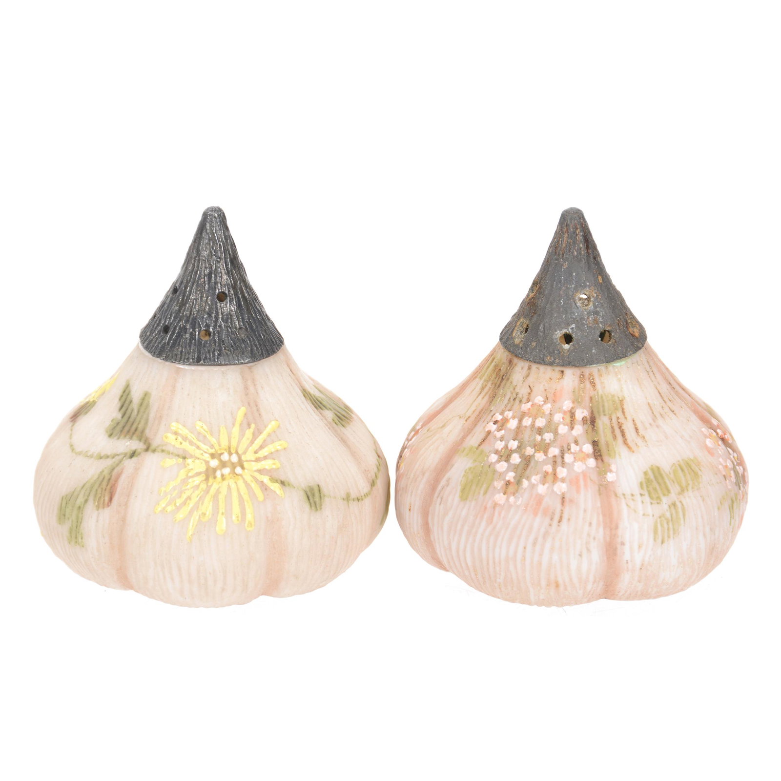 Salt & Pepper Set, Fig Design by Mt. Washington: Salt & Pepper Set, Fig Design by Mt. Washington, 2. 5", White and Brown Tones with Floral Decor, John Lolley Estate, Monroe, LA. The majority of Mr. Lolley's collection was marked with a museum labeli