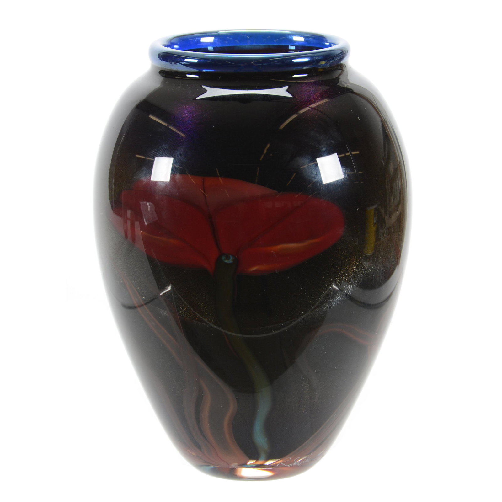 Paperweight Vase Signed Rick Satava, Dated 1991: Paperweight Vase Signed Rick Satava, Dated 1991, 5.5" x 4", Dark Iridescent Background with Red Floral Decor, #3370, John Lolley Estate, Monroe, LA. The majority of Mr. Lolley's collection was marked