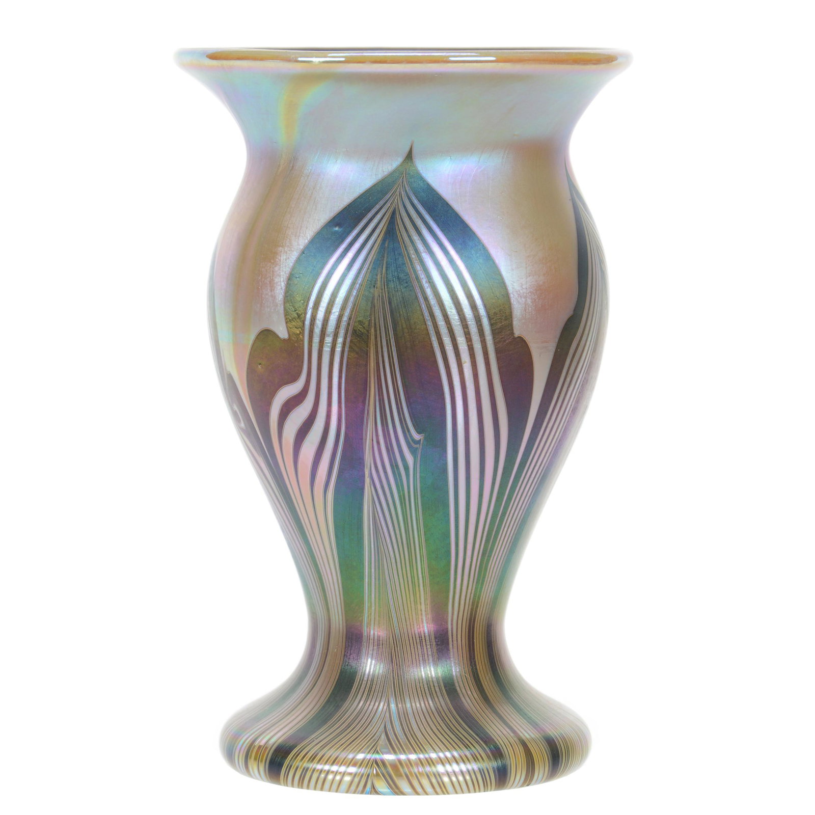 Vase, Contemporary, Signed Lundberg Studios 1975: Vase, Contemporary, Signed Lundberg Studios 1975, 6" x 3.75", Gold and Green Pulled Feather Design, John Lolley Estate, Monroe, LA. The majority of Mr. Lolley's collection was marked with a museum lab