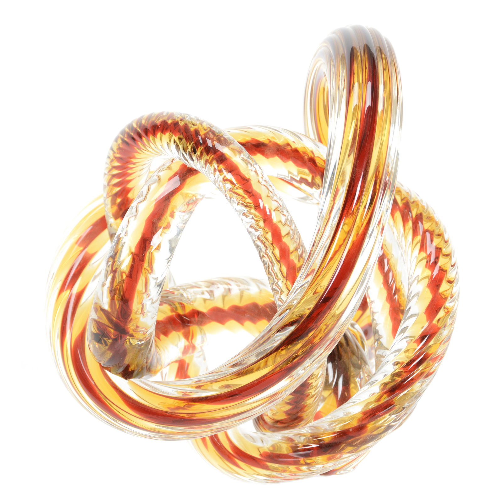 Glass Sculpture, Contemporary: Glass Sculpture, Contemporary, 8" x 8", Cranberry and Amber with Clear Twisted Exterior, Knotted Rope Design, 6 Pounds, 7 Ounces Total Weight, John Lolley Estate, Monroe, LA. The majority of Mr. Lolle