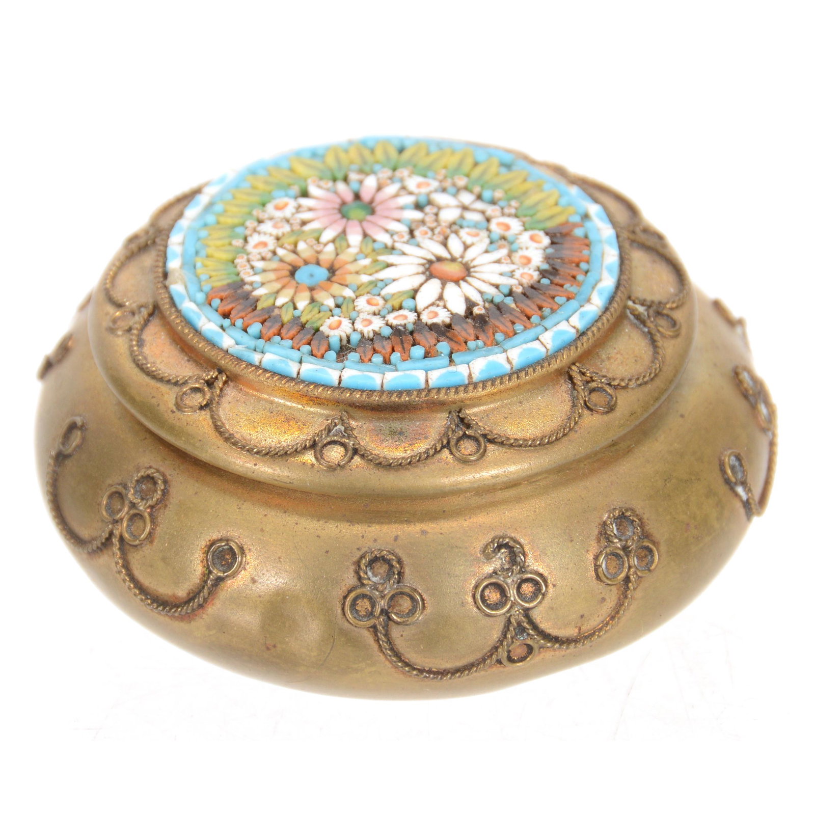 Pill Box, Micro Mosaic Floral Lid, Gilt Metal Box: Pill Box, Micro Mosaic Floral Lid, Gilt Metal Box, 1" x 2", Small Dent on Back, John Lolley Estate, Monroe, LA. The majority of Mr. Lolley's collection was marked with a museum labeling pen which can 