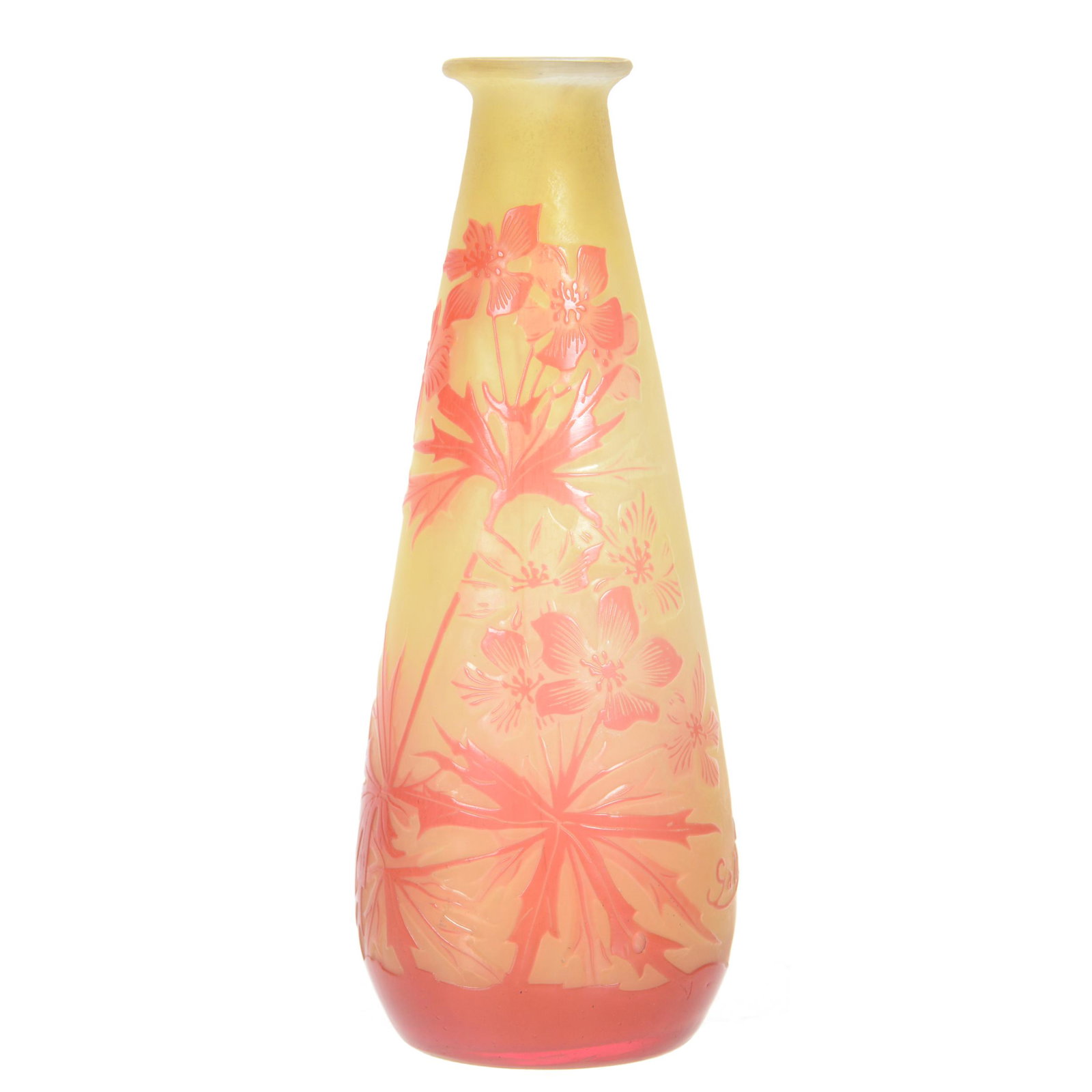 Vase Signed Galle French Cameo Art Glass: Vase Signed Galle French Cameo Art Glass, 5.75" x 2.5", Yellow Background with Pink Cameo Carved Floral Overlay, John Lolley Estate, Monroe, LA. The majority of Mr. Lolley's collection was marked with