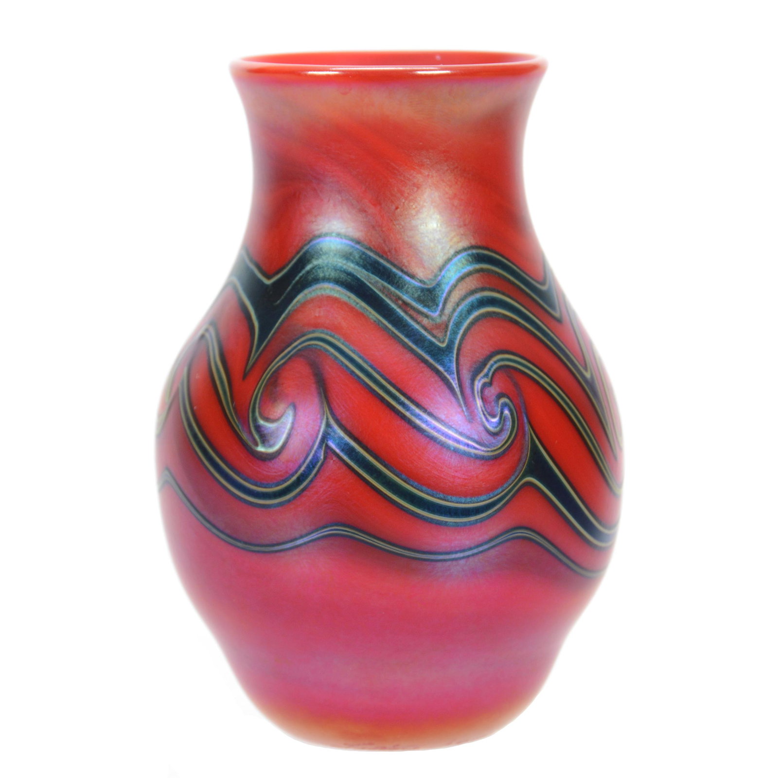 Vase Signed Lotton Art Glass, Dated 1976: Vase Signed Lotton Art Glass, Dated 1976, 4.5" x 3", Bright Red Iridescent with Blue Swirl Design, John Lolley Estate, Monroe, LA. The majority of Mr. Lolley's collection was marked with a museum labe