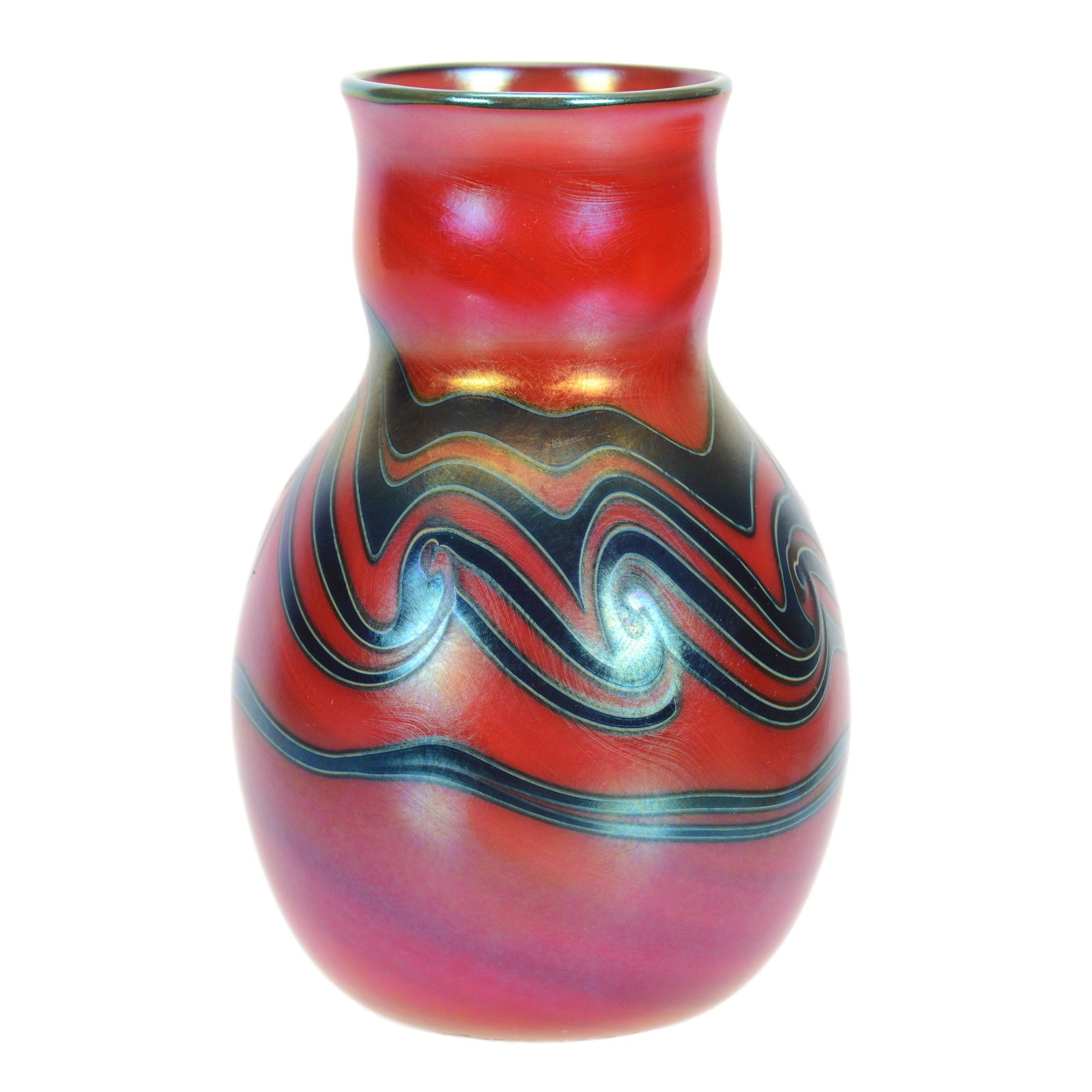 Vase Signed Lotton Art Glass, Dated 1976: Vase Signed Lotton Art Glass, Dated 1976, 4.25" x 2.75", Bright Red Iridescent with Blue Swirl Design, John Lolley Estate, Monroe, LA. The majority of Mr. Lolley's collection was marked with a museum 