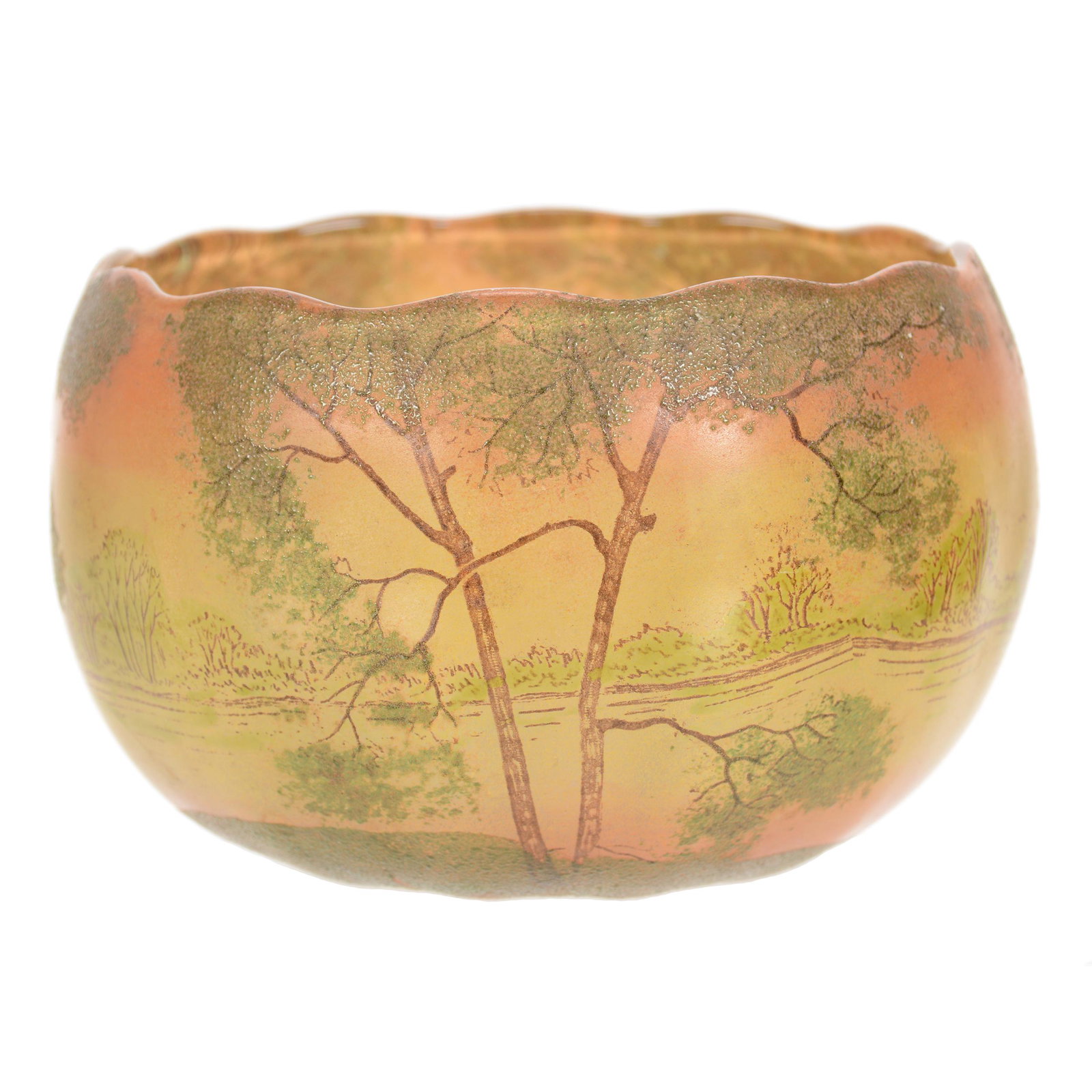 Bowl, Unmarked Legras Style Art Glass: Bowl, Unmarked Legras Style Art Glass, 3" x 4.5", Clear with Decorated Scenic Decor, Some Wear, John Lolley Estate, Monroe, LA. The majority of Mr. Lolley's collection was marked with a museum labelin